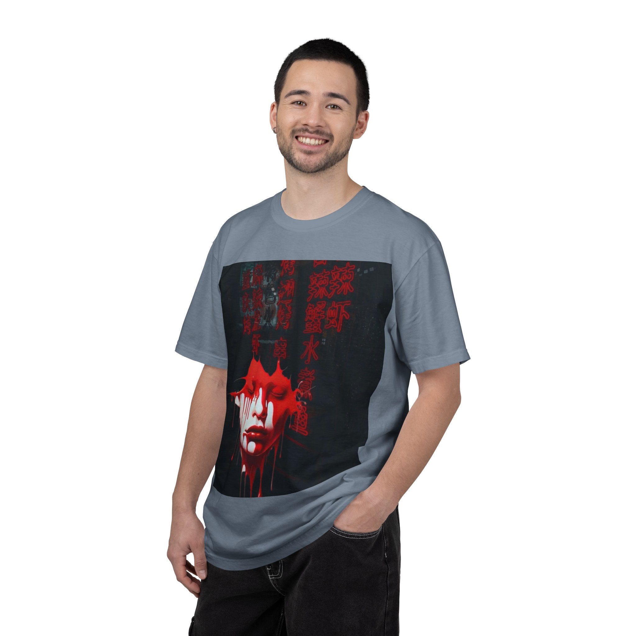 Horror Portrait Tee — Dripping Red Face with Japanese Script Graphic