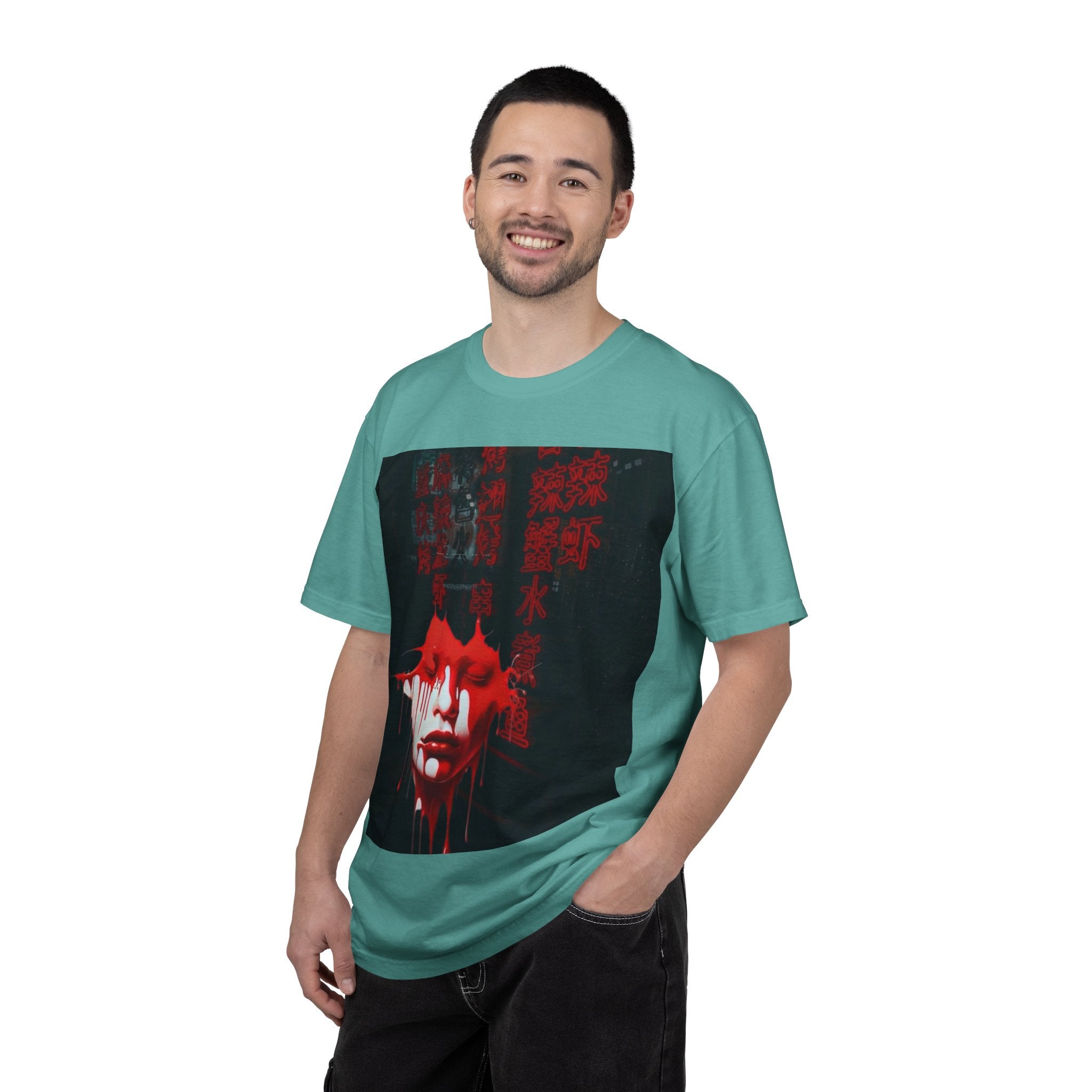 Horror Portrait Tee — Dripping Red Face with Japanese Script Graphic