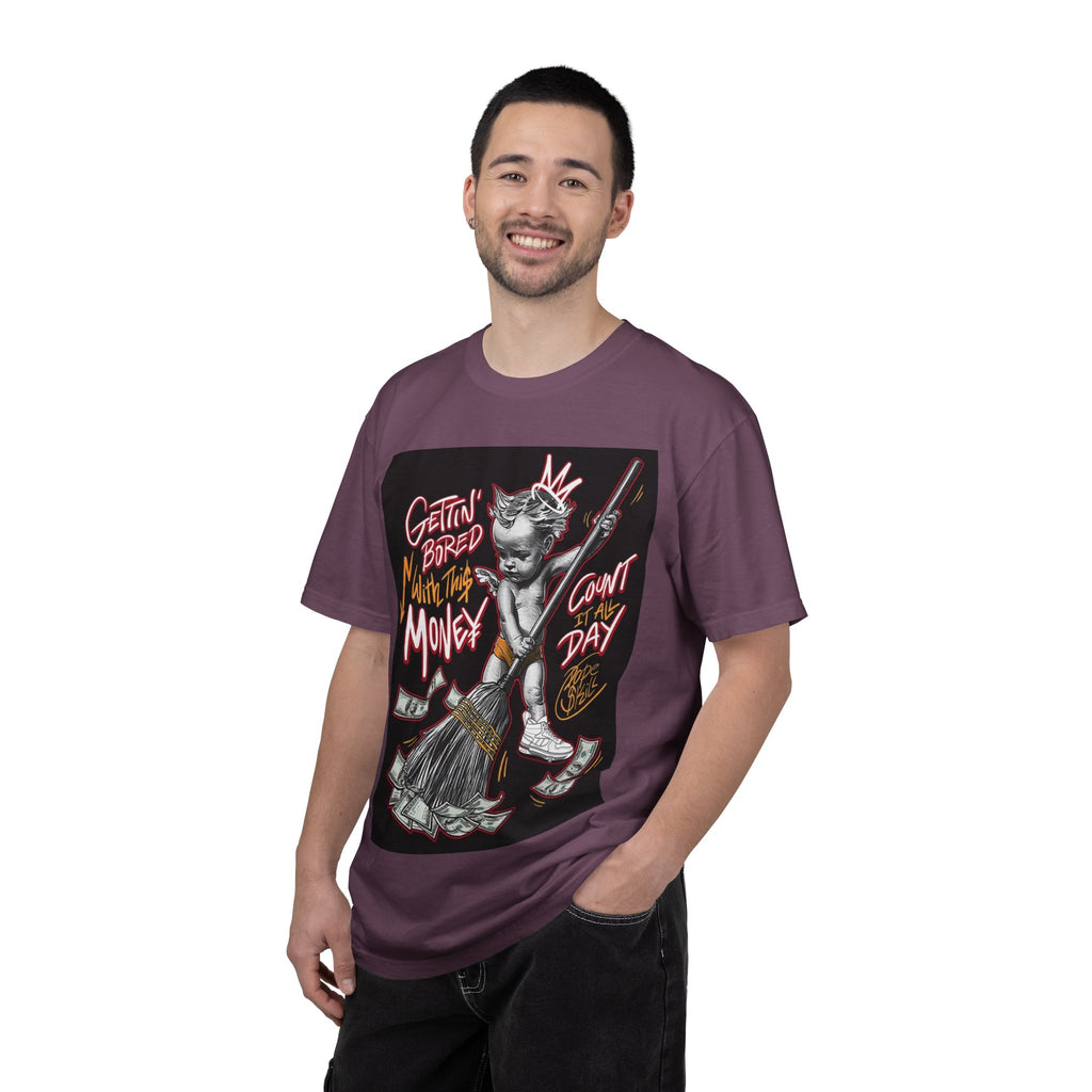 Cat Broomstick Money Tee — "Gettin' Bored With This Money" Graphic T-Shirt