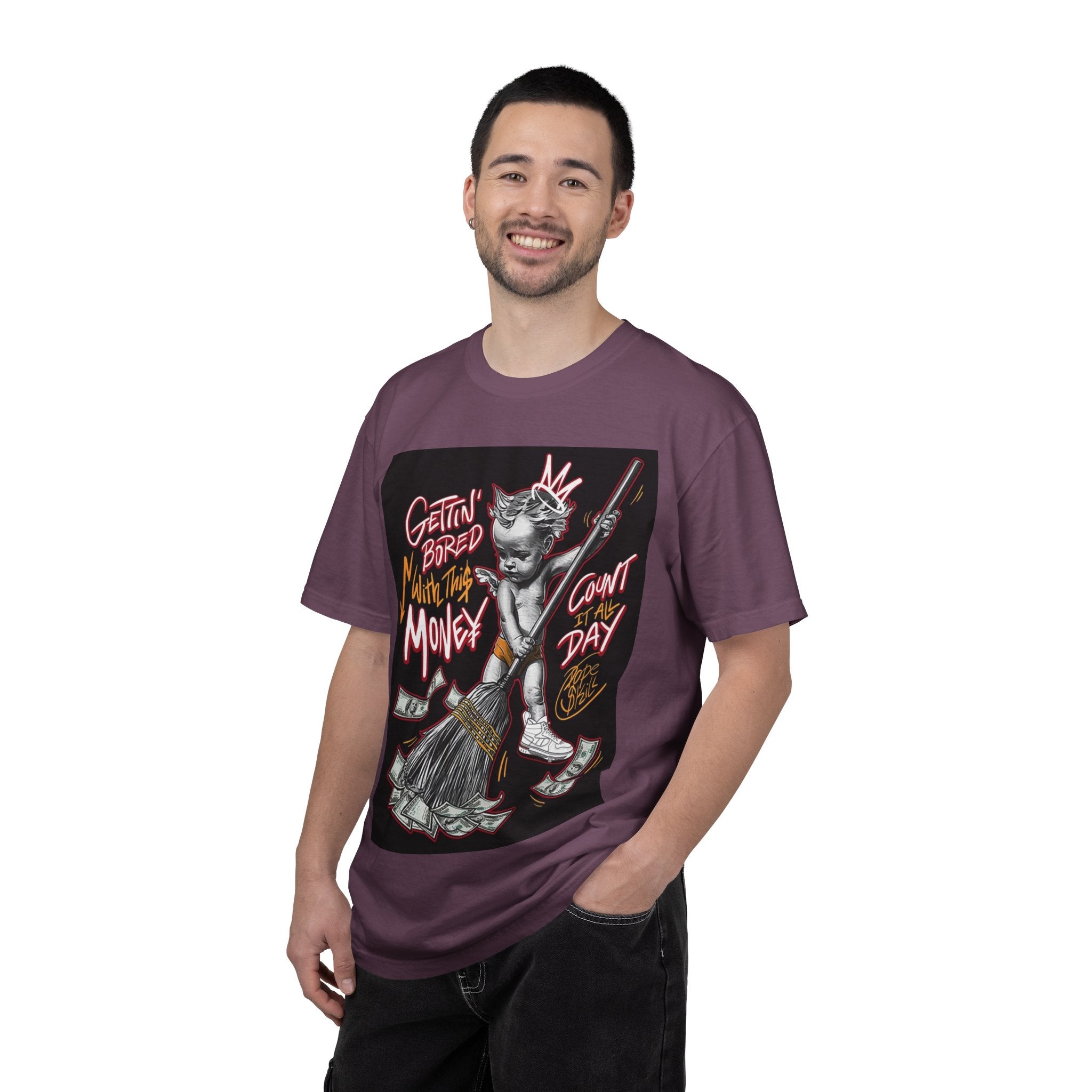 Cat Broomstick Money Tee — "Gettin' Bored With This Money" Graphic T-Shirt
