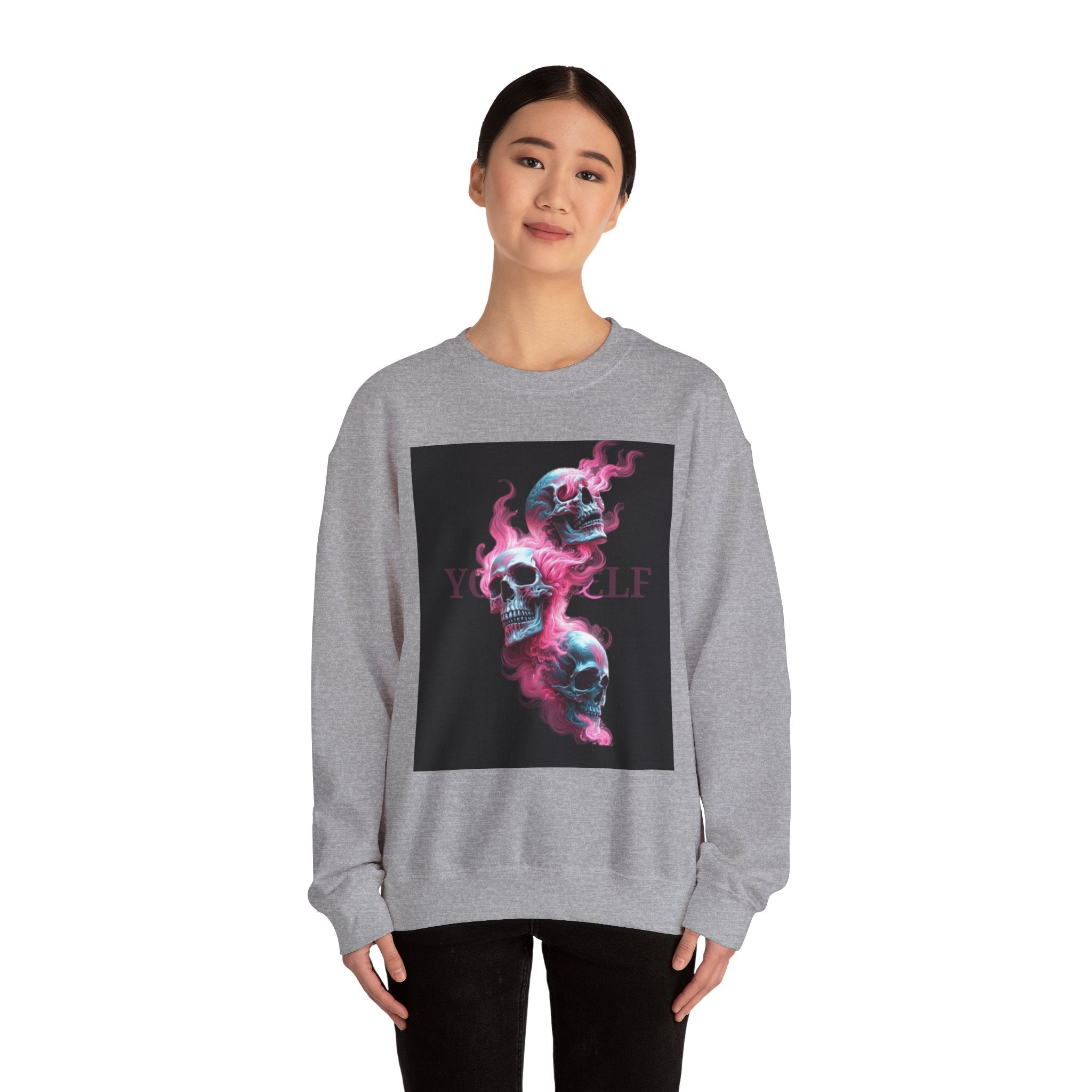 Skull Smoke Crewneck Sweatshirt — Neon Pink & Blue Gothic Graphic