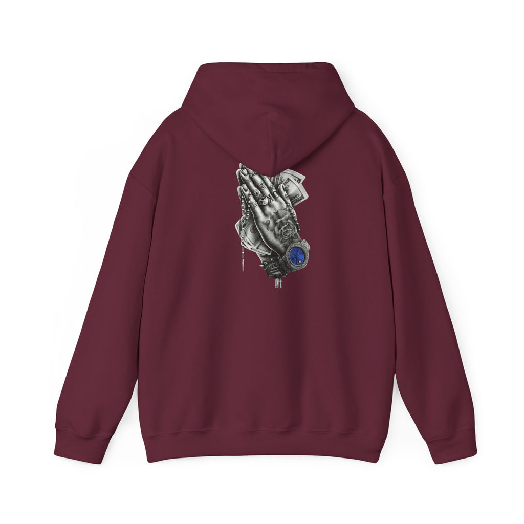 Hoodie — Praying Hands Graphic Hoodie with Blue Rose Accent