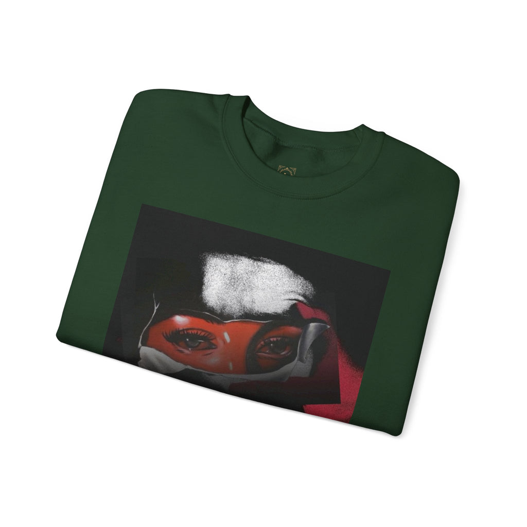 Masked Red Eyes Crewneck Sweatshirt — Graphic Streetwear with 'Legaciess' Back Logo