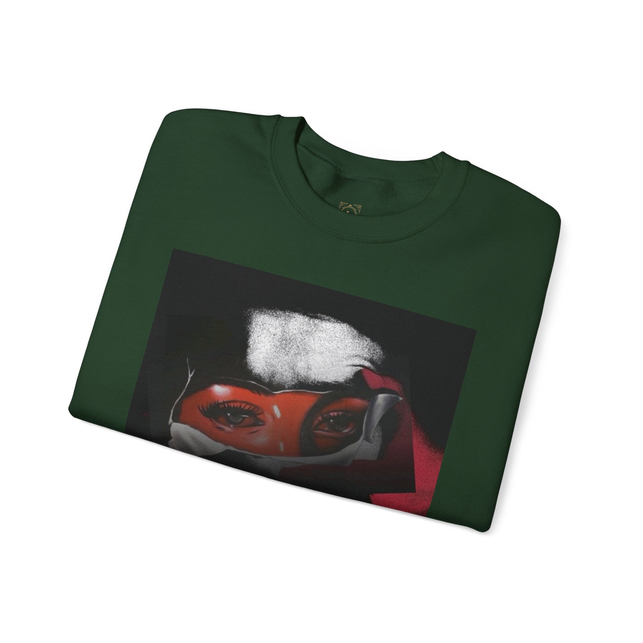 Masked Red Eyes Crewneck Sweatshirt — Graphic Streetwear with 'Legaciess' Back Logo