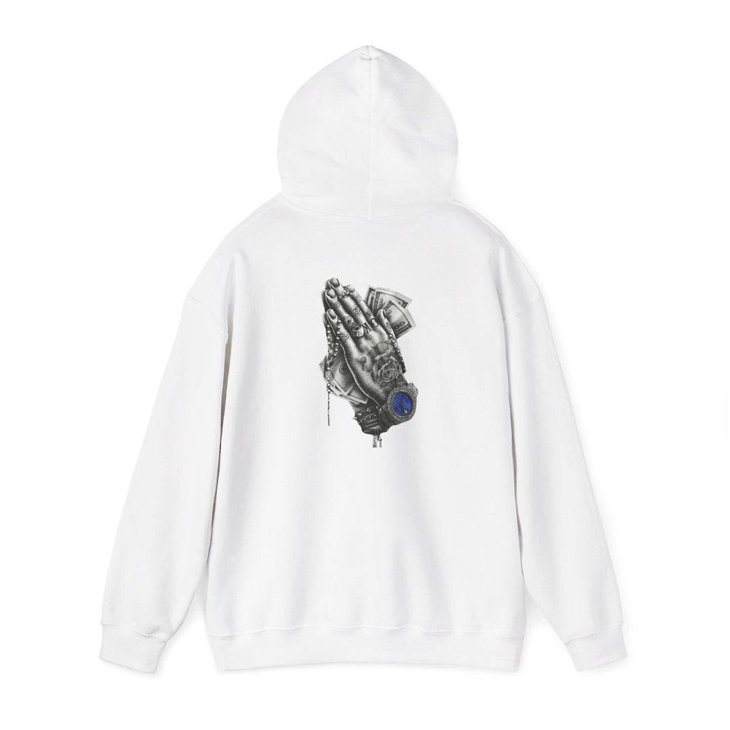 Hoodie — Praying Hands Graphic Hoodie with Blue Rose Accent