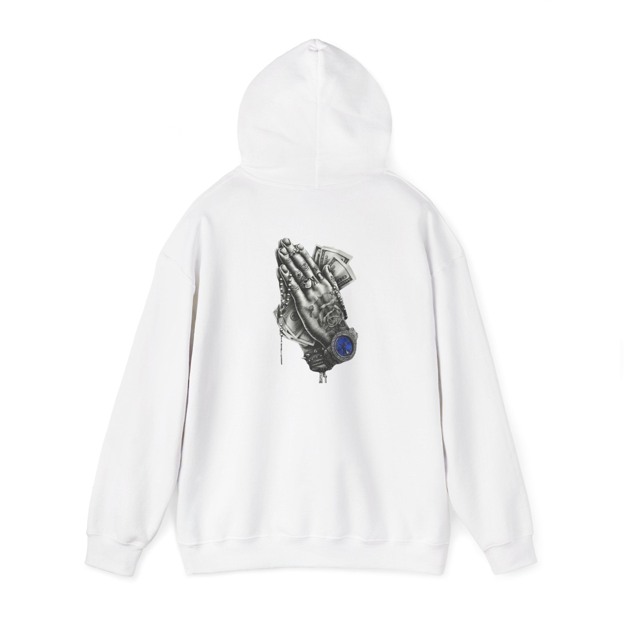 Hoodie — Praying Hands Graphic Hoodie with Blue Rose Accent