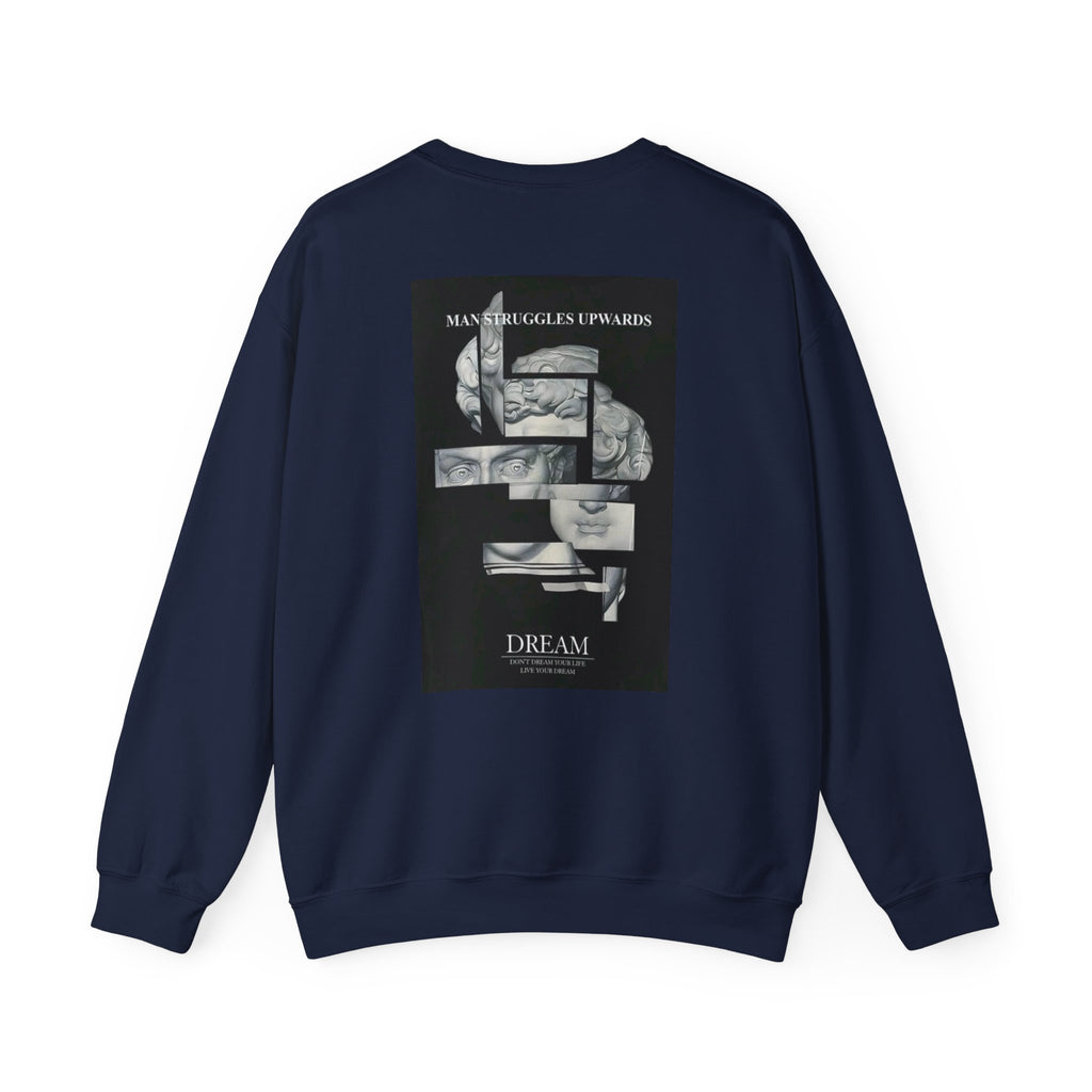 Dream Fragment Crewneck Sweatshirt — 'Man Struggles Upwards' Statue Collage