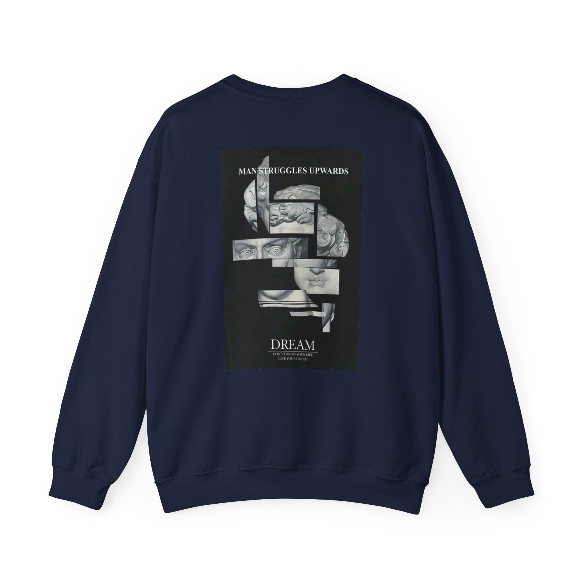 Dream Fragment Crewneck Sweatshirt — 'Man Struggles Upwards' Statue Collage