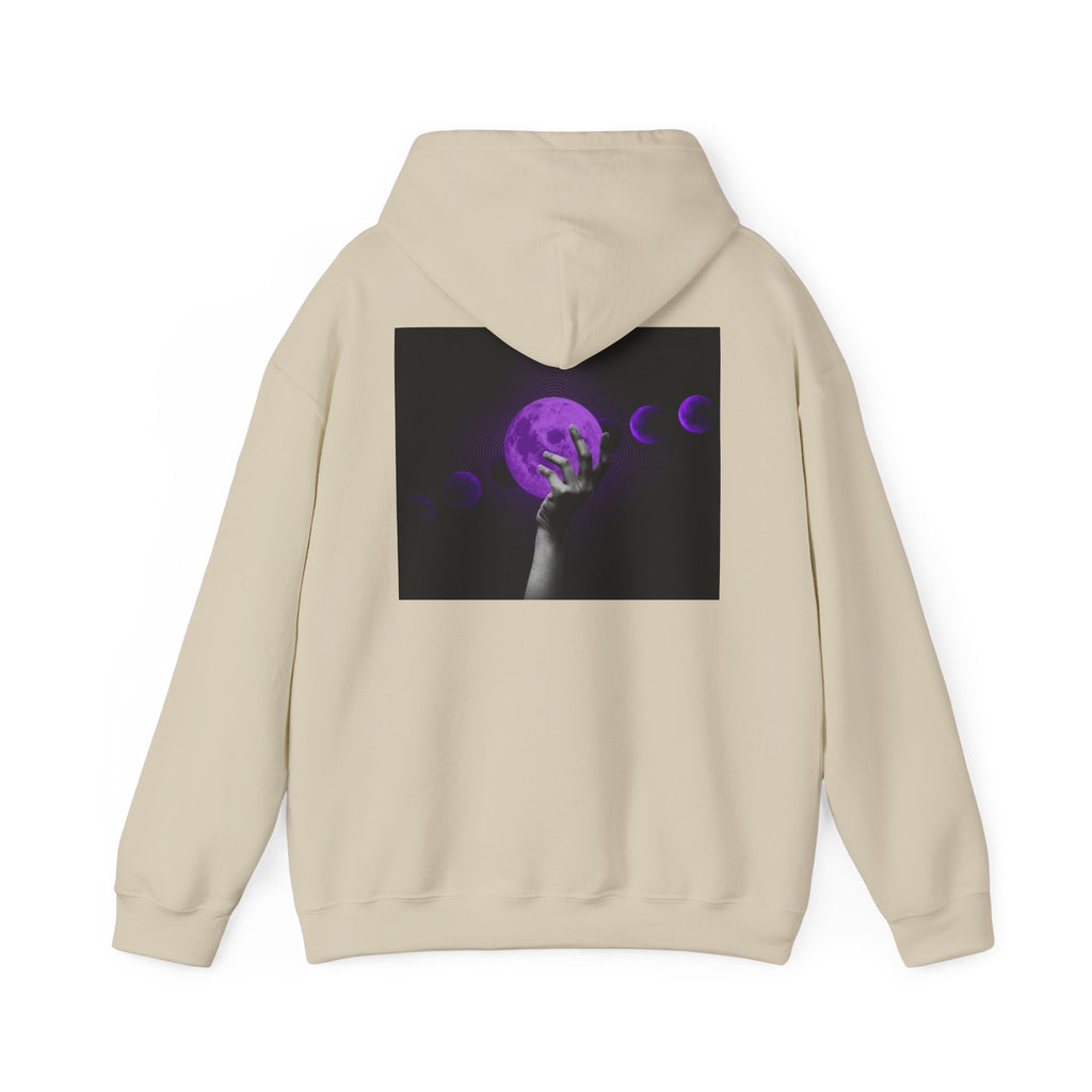 Moon Phases Hoodie — Purple Lunar Hand Graphic Pullover