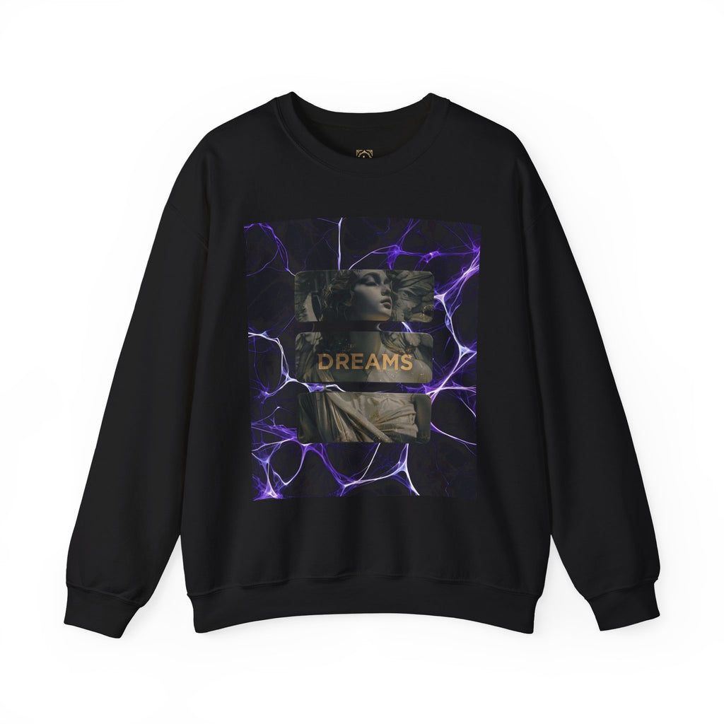 Dreams Statue Crewneck Sweatshirt — Retro Statue Graphic with Purple Lightning