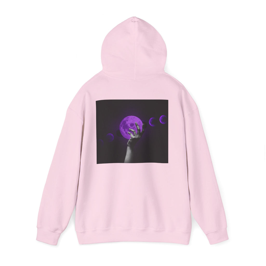 Moon Phases Hoodie — Purple Lunar Hand Graphic Pullover