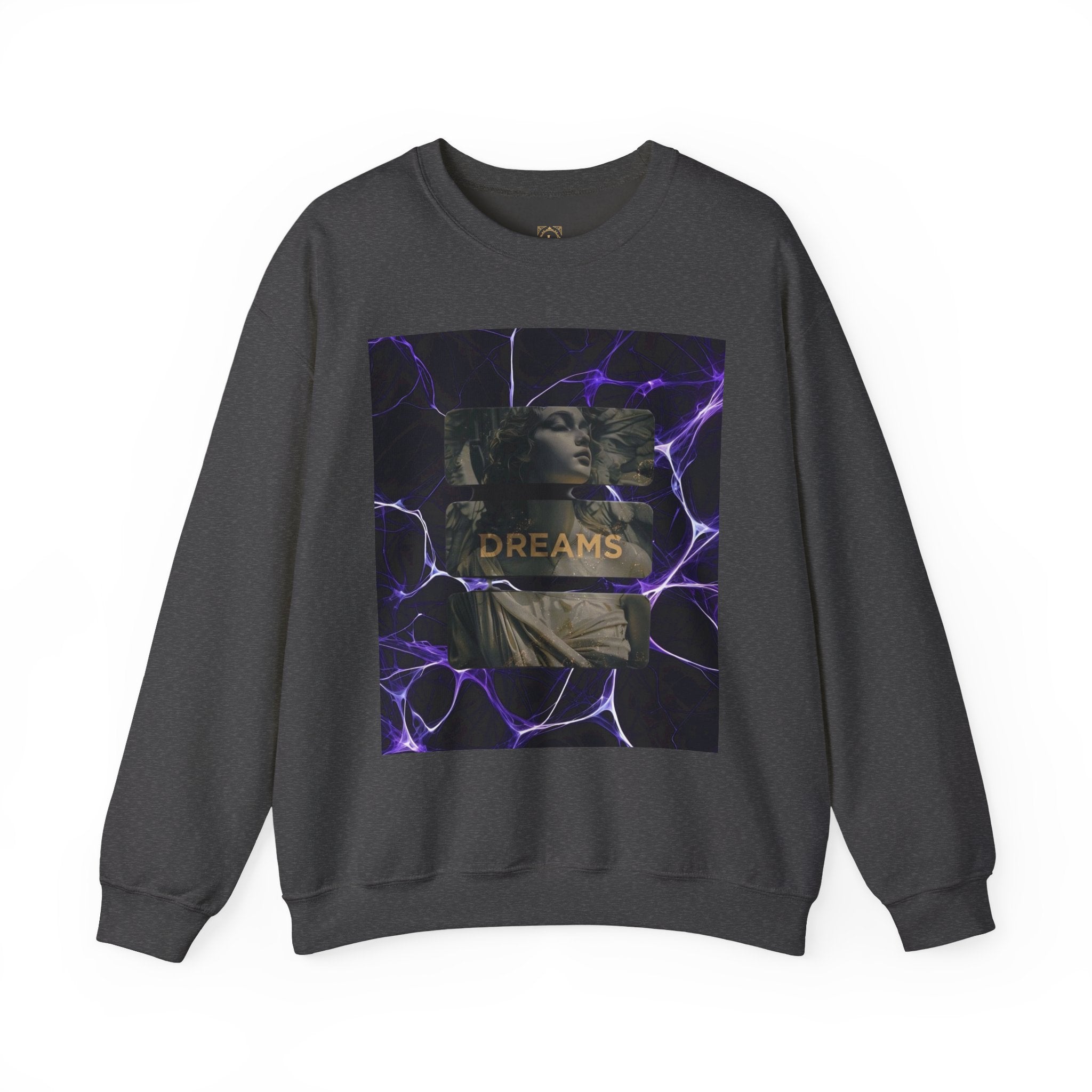 Dreams Statue Crewneck Sweatshirt — Retro Statue Graphic with Purple Lightning