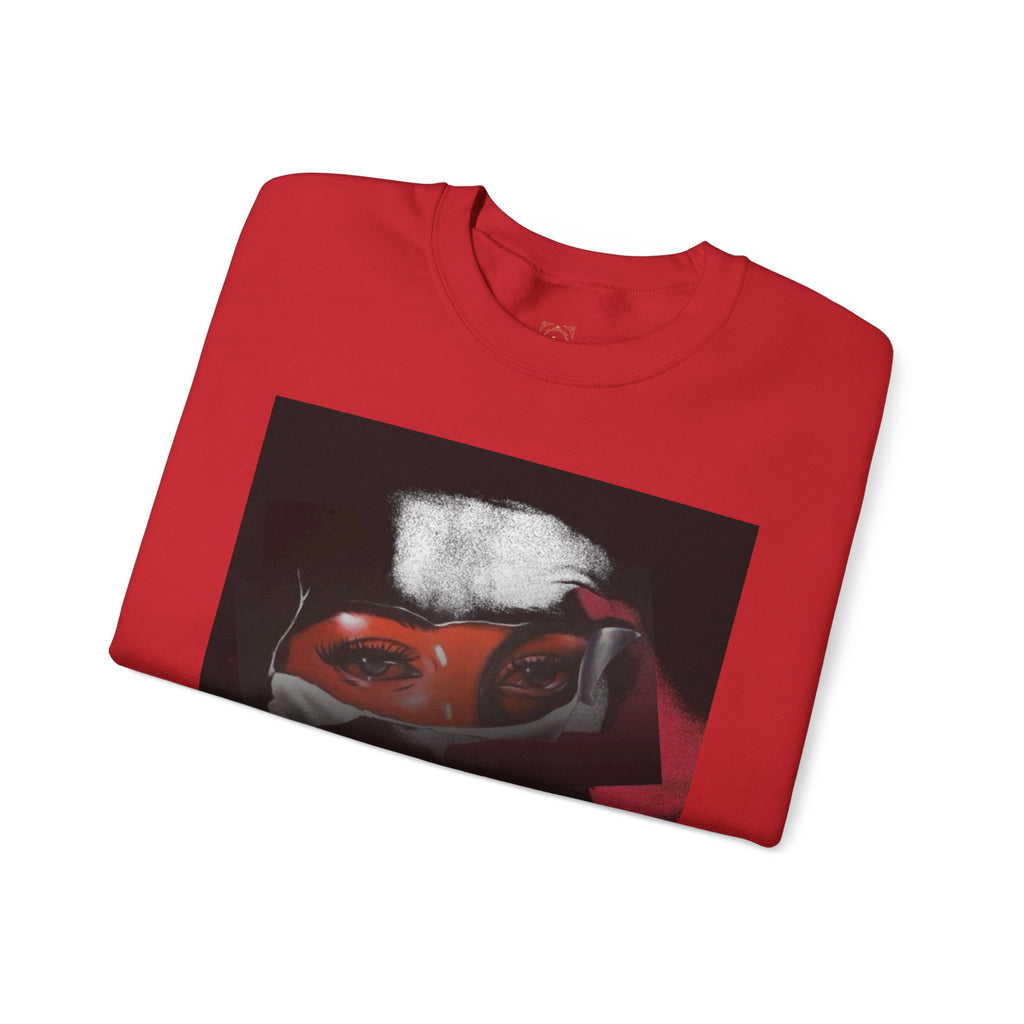 Masked Red Eyes Crewneck Sweatshirt — Graphic Streetwear with 'Legaciess' Back Logo