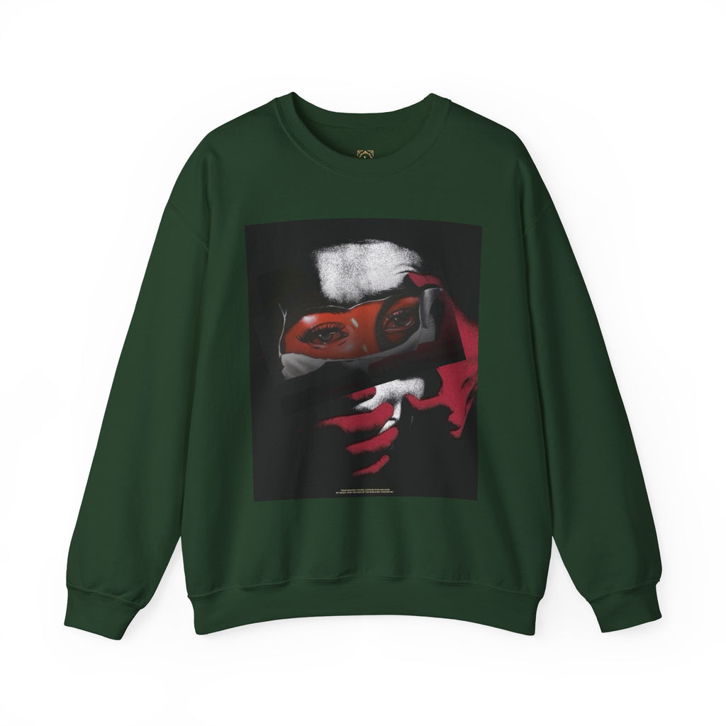 Masked Red Eyes Crewneck Sweatshirt — Graphic Streetwear with 'Legaciess' Back Logo