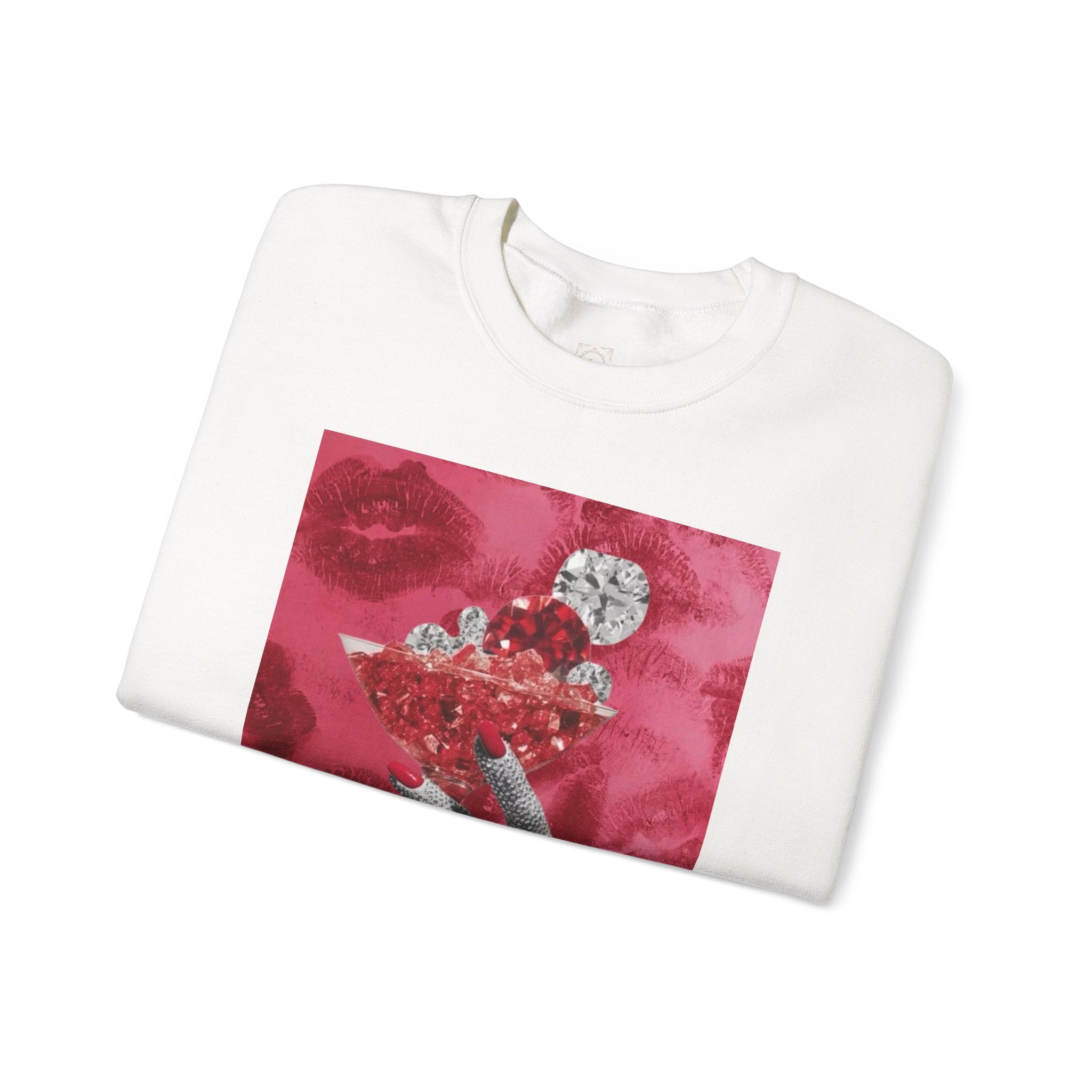 Crewneck Sweatshirt — Glamorous Red Cocktail Collage (Hand Holding Glass, Lip Print)