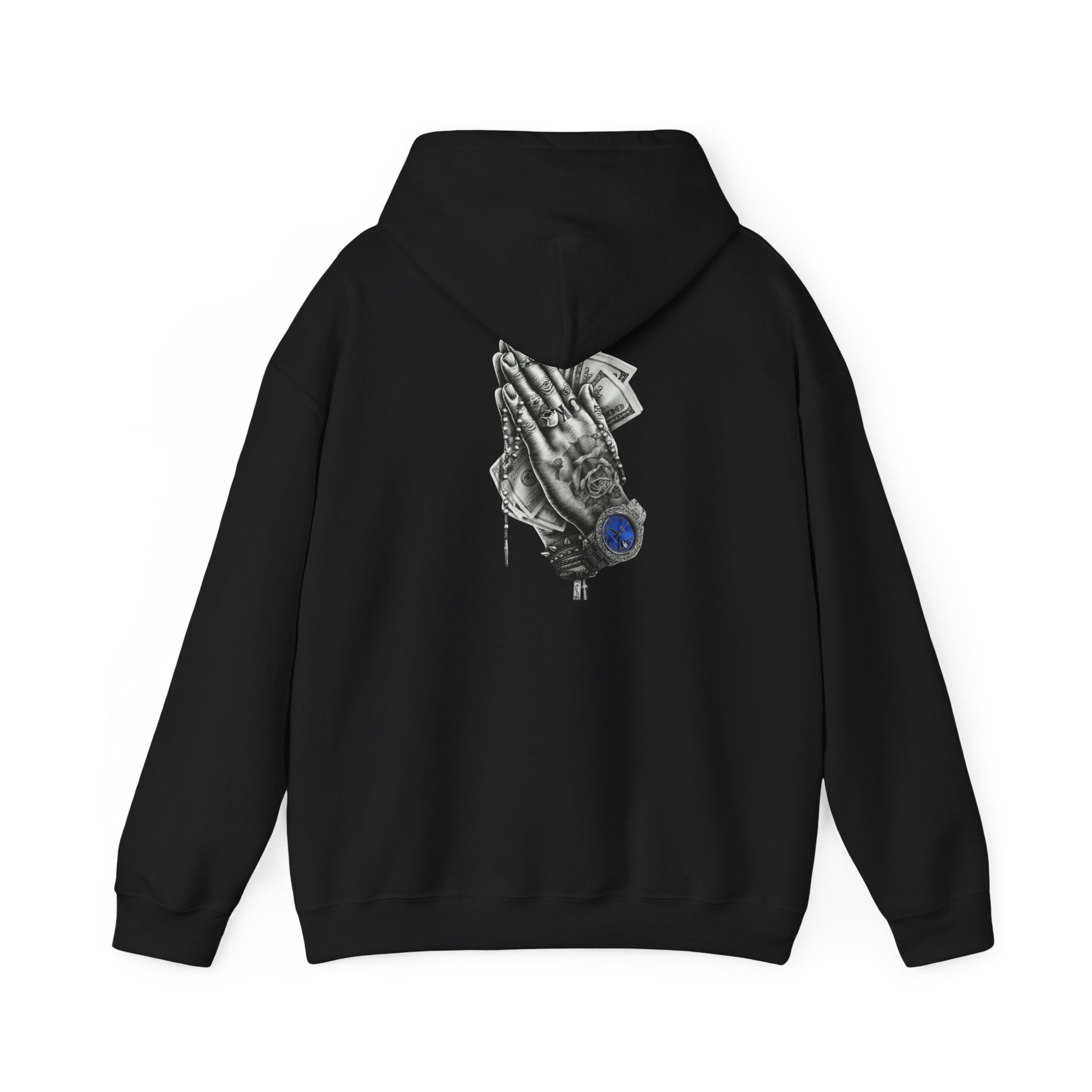 Hoodie — Praying Hands Graphic Hoodie with Blue Rose Accent