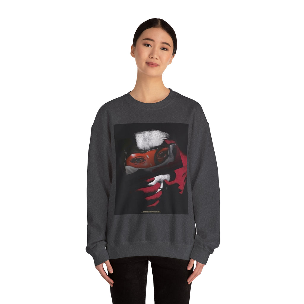 Masked Red Eyes Crewneck Sweatshirt — Graphic Streetwear with 'Legaciess' Back Logo