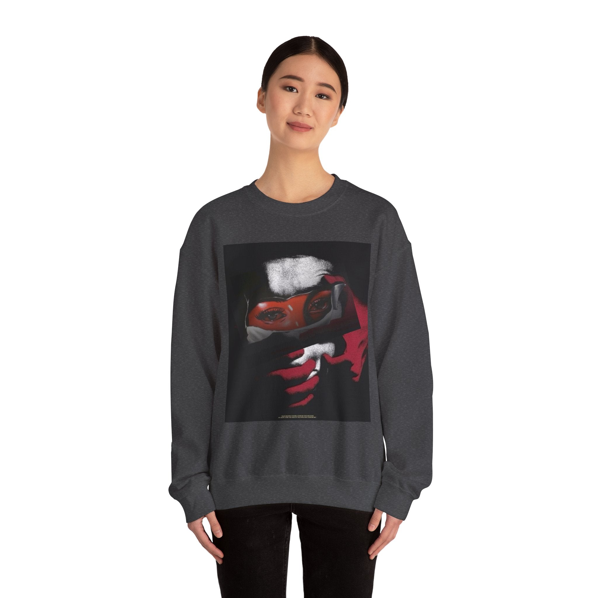 Masked Red Eyes Crewneck Sweatshirt — Graphic Streetwear with 'Legaciess' Back Logo