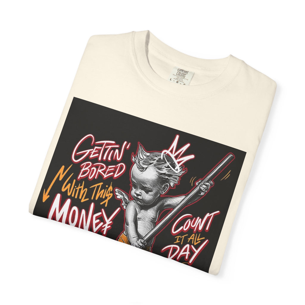 Cat Broomstick Money Tee — "Gettin' Bored With This Money" Graphic T-Shirt