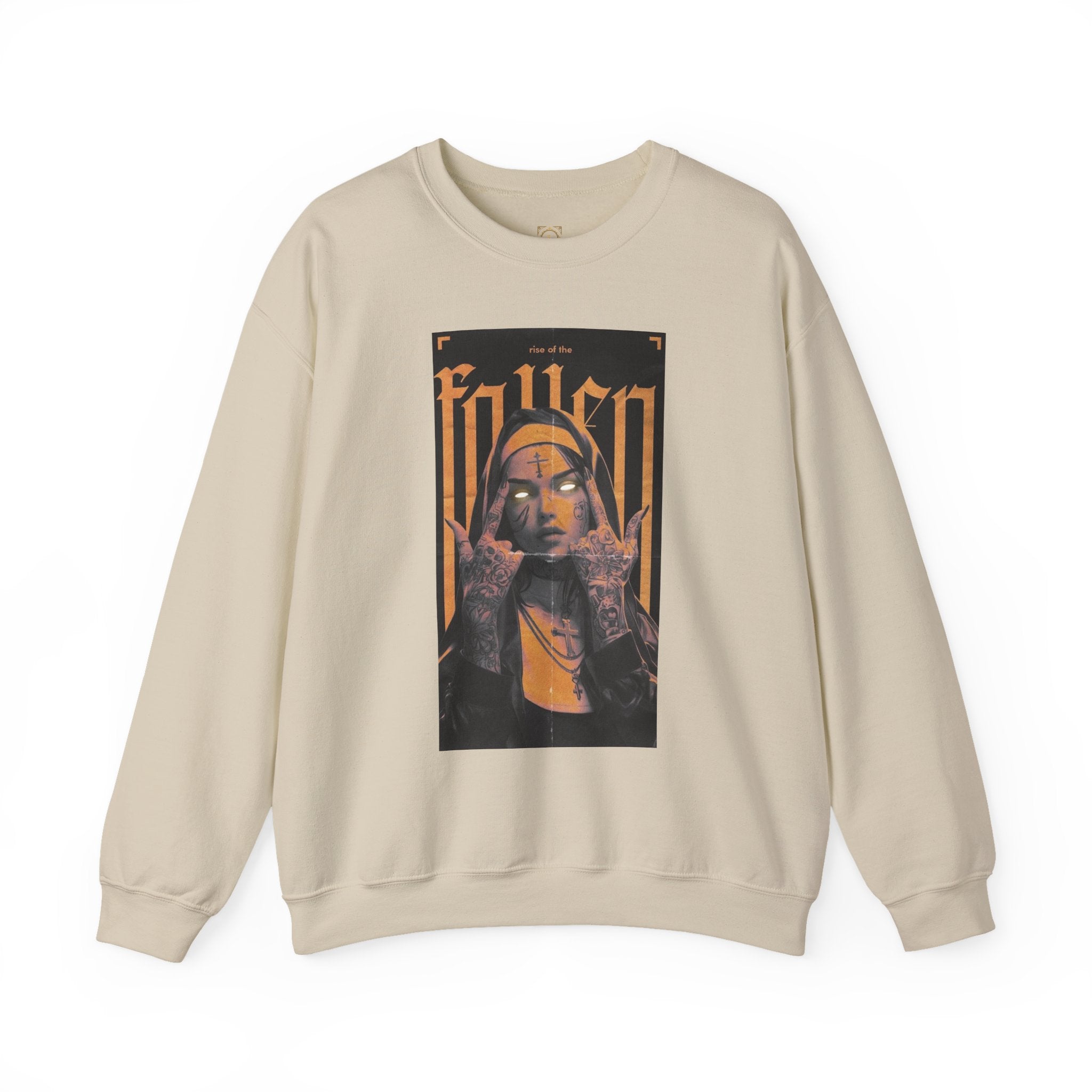 Fallen Gothic Crewneck Sweatshirt — Dark Tattooed Nun Graphic