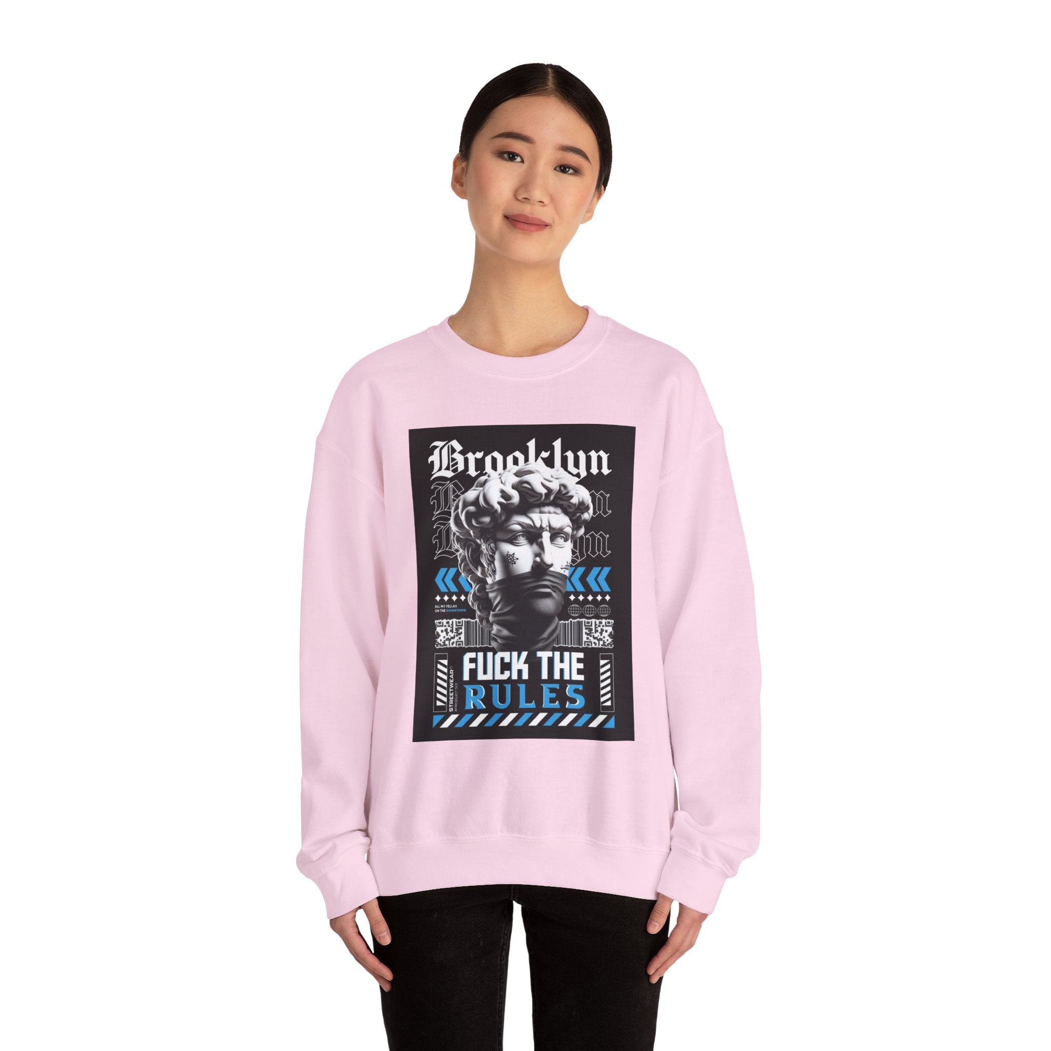 Crewneck Sweatshirt — 'Brooklyn' Statue Graphic with “Fuck the Rules” Streetwear Slogan