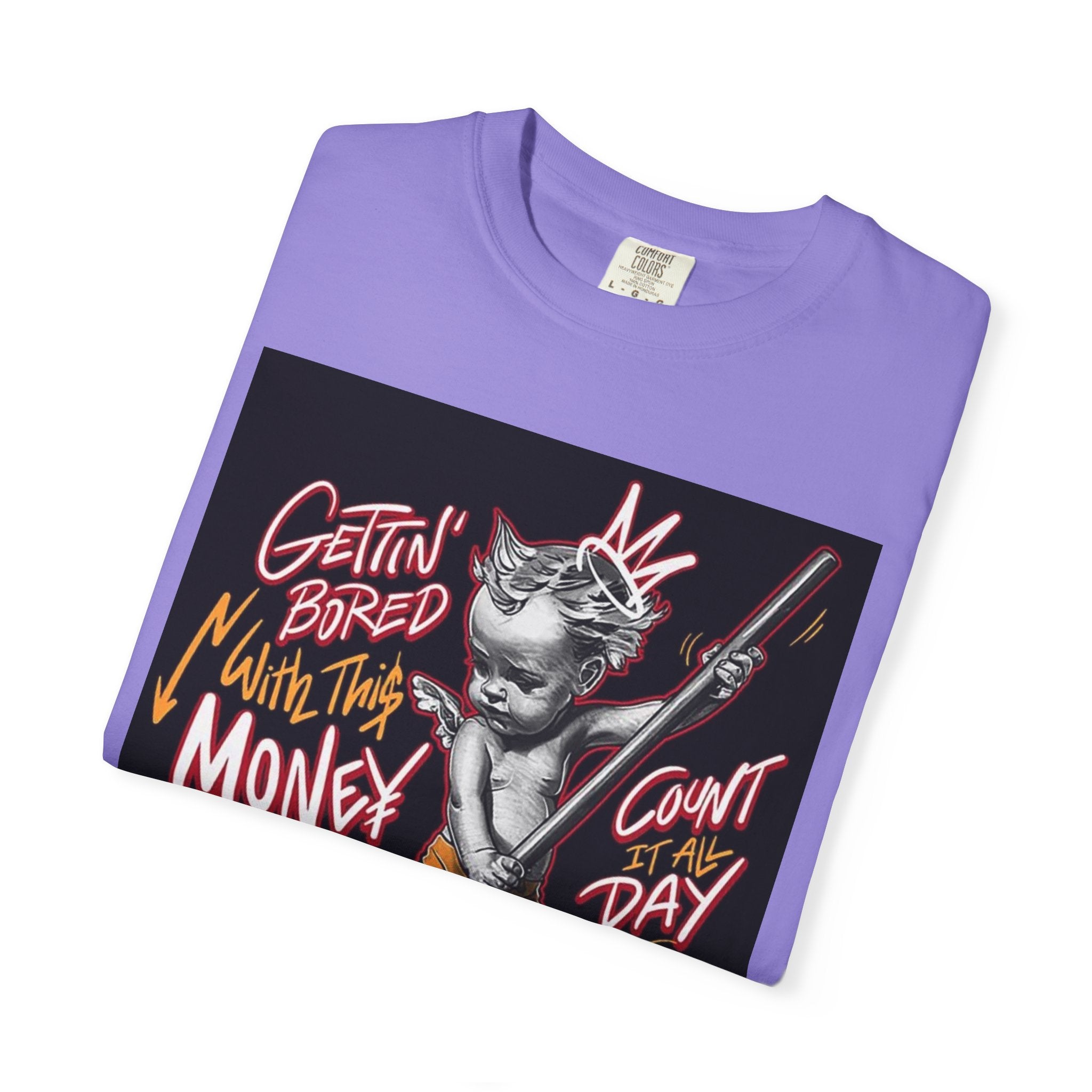 Cat Broomstick Money Tee — "Gettin' Bored With This Money" Graphic T-Shirt