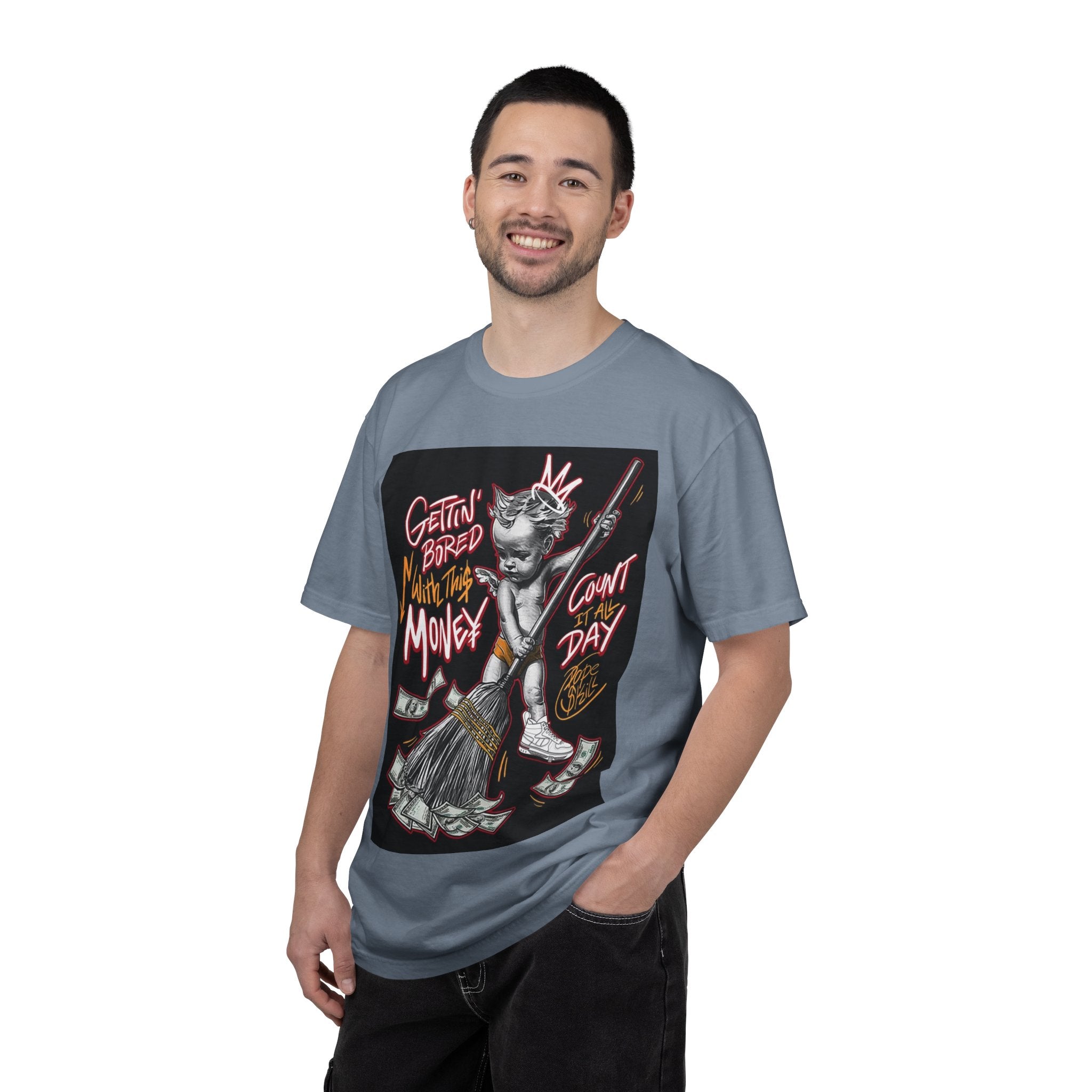 Cat Broomstick Money Tee — "Gettin' Bored With This Money" Graphic T-Shirt