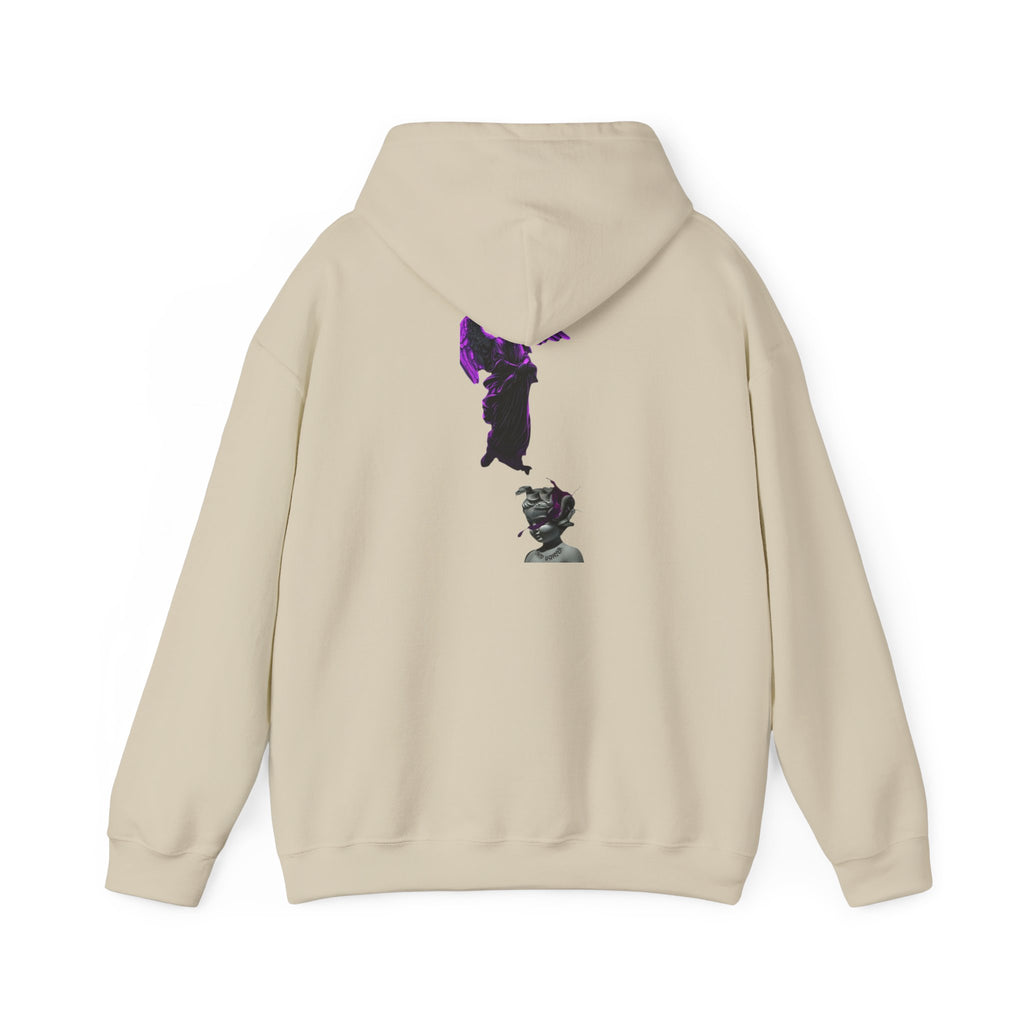 Angel Statue Hoodie — Gothic Purple Accent Sculptural Graphic Hoodie
