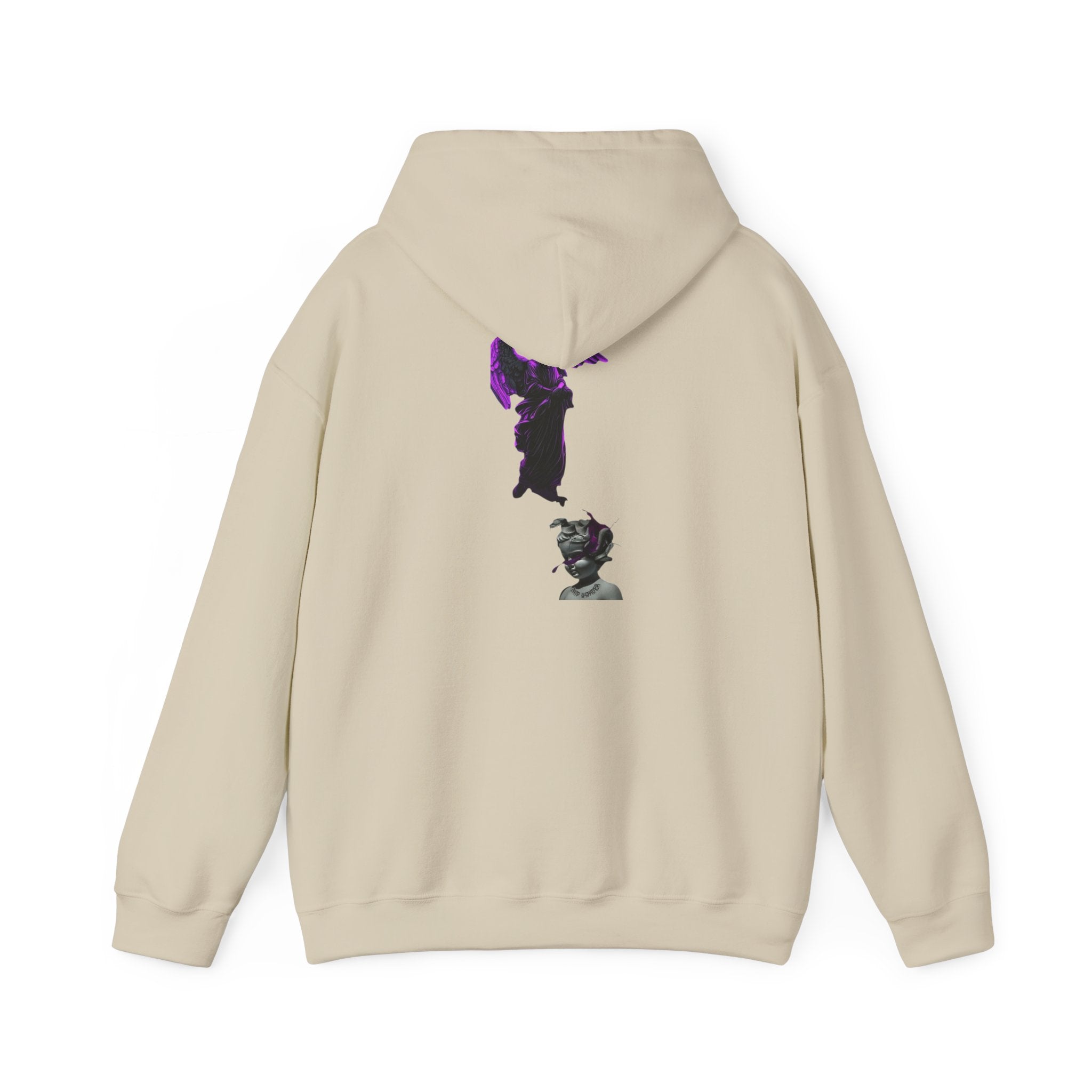 Angel Statue Hoodie — Gothic Purple Accent Sculptural Graphic Hoodie