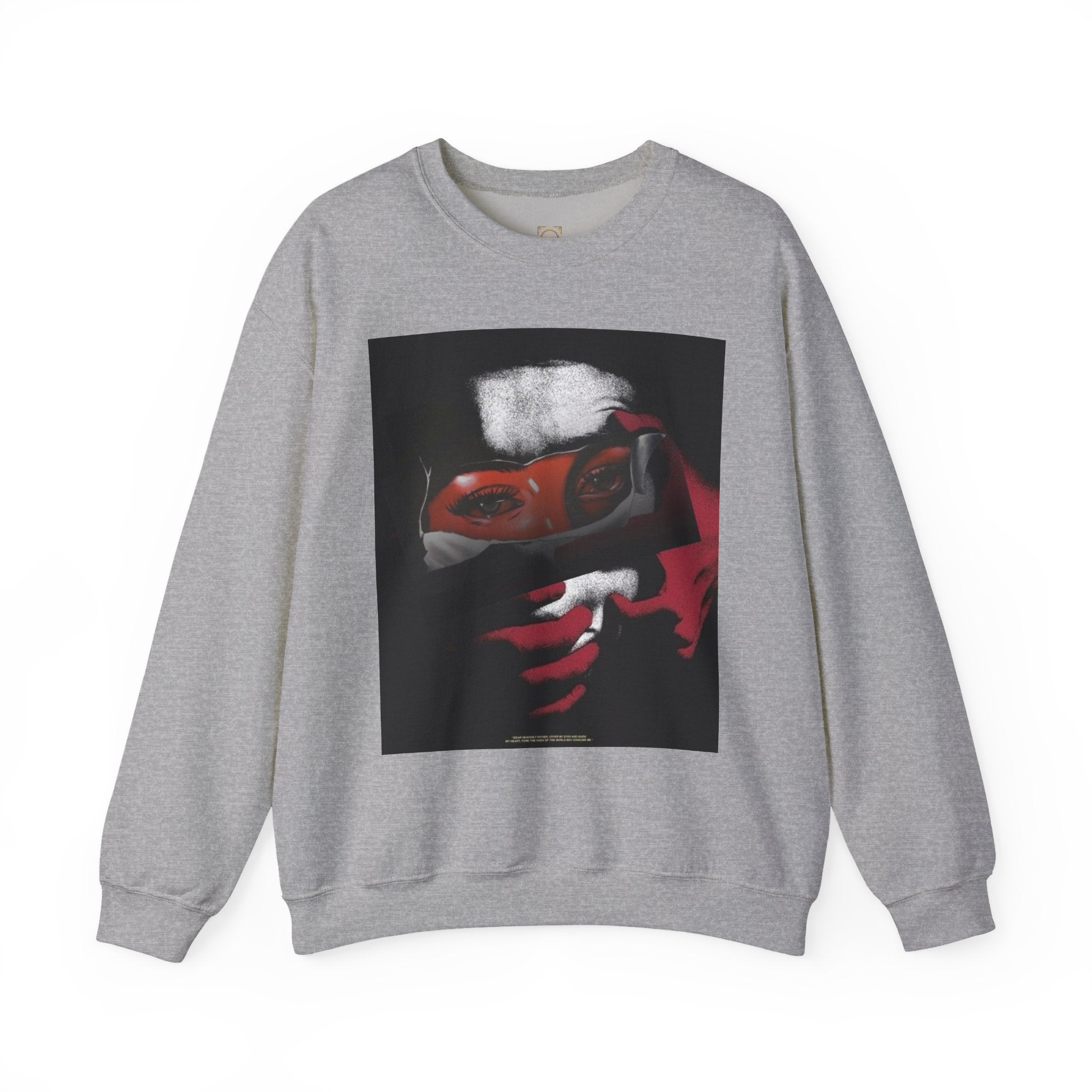 Masked Red Eyes Crewneck Sweatshirt — Graphic Streetwear with 'Legaciess' Back Logo