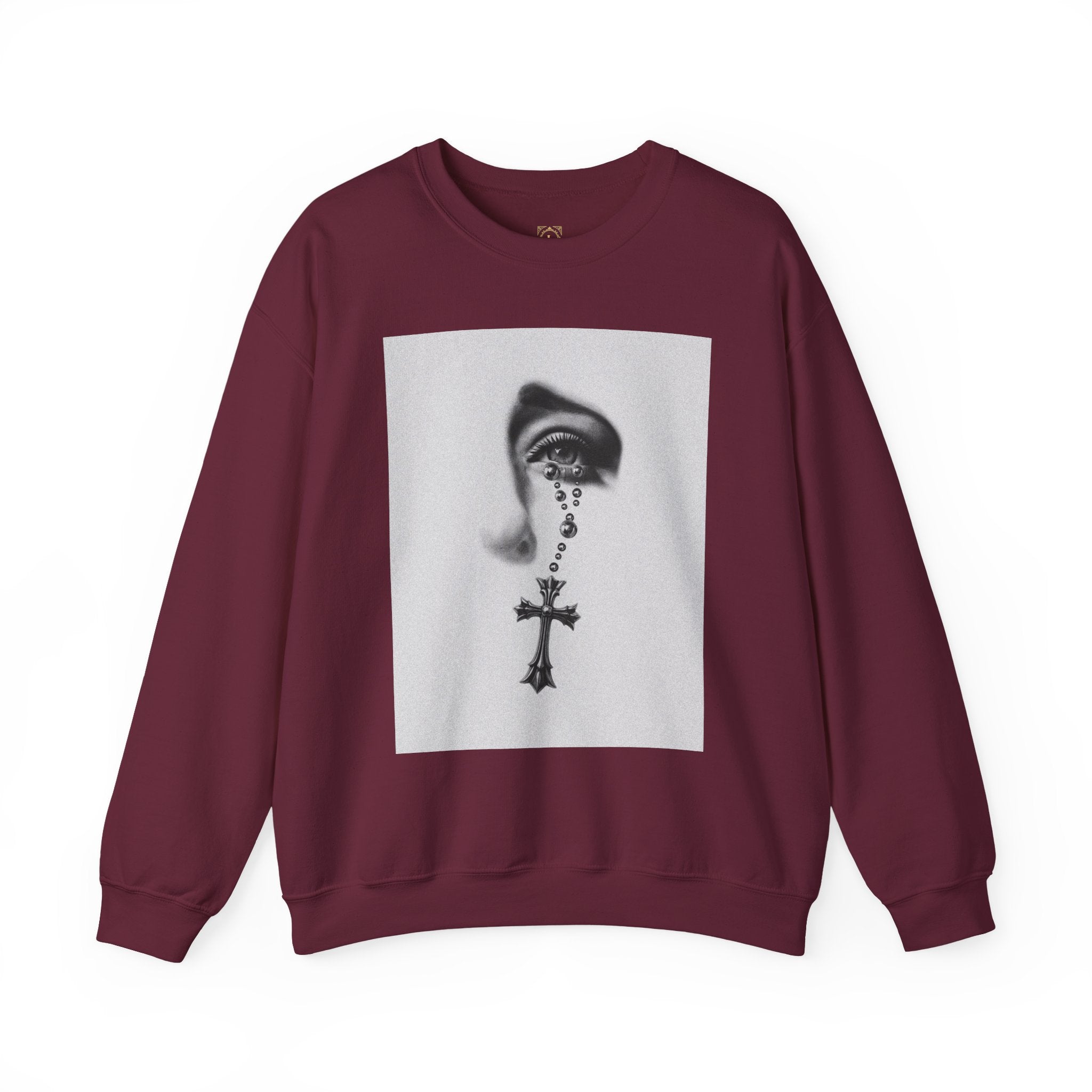 Rosary Tear Crewneck Sweatshirt — Gothic Eye & Cross Graphic