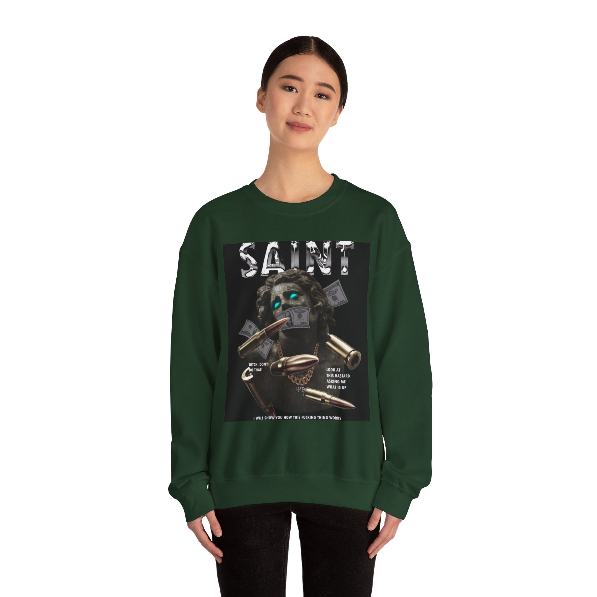 Saint Graphic Crewneck Sweatshirt — Dark Art Money Montage