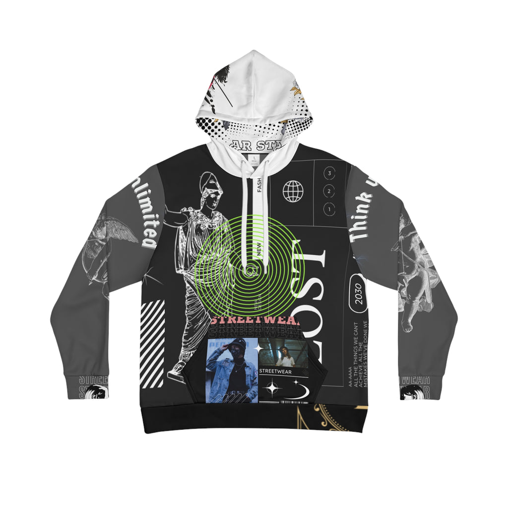 Graphic Streetwear Hoodie — Abstract Collage & Mythic Sea Creatures AOP