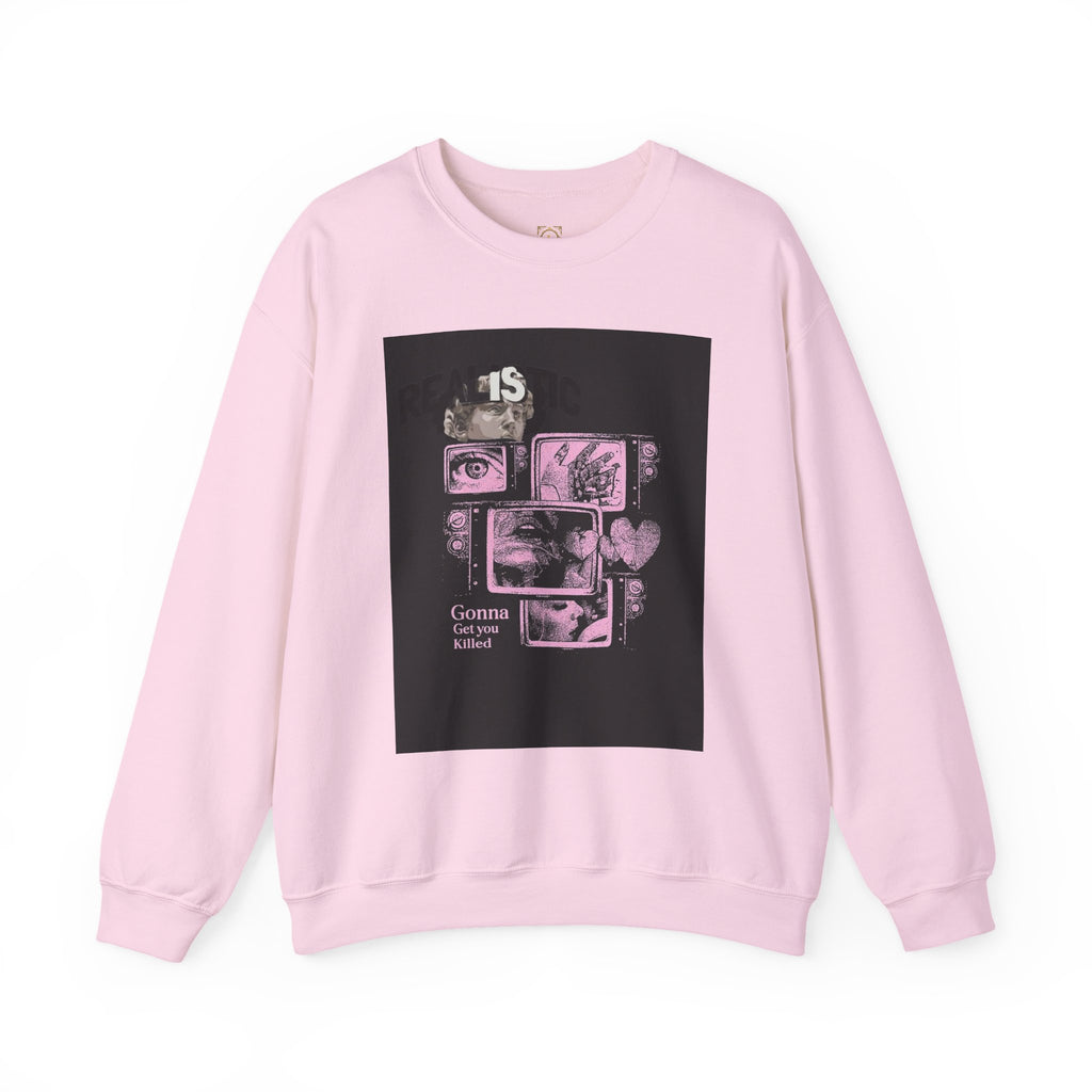 Crewneck Sweatshirt — Pink Collage Eyes Graphic “Gonna Get You, Kiddo”