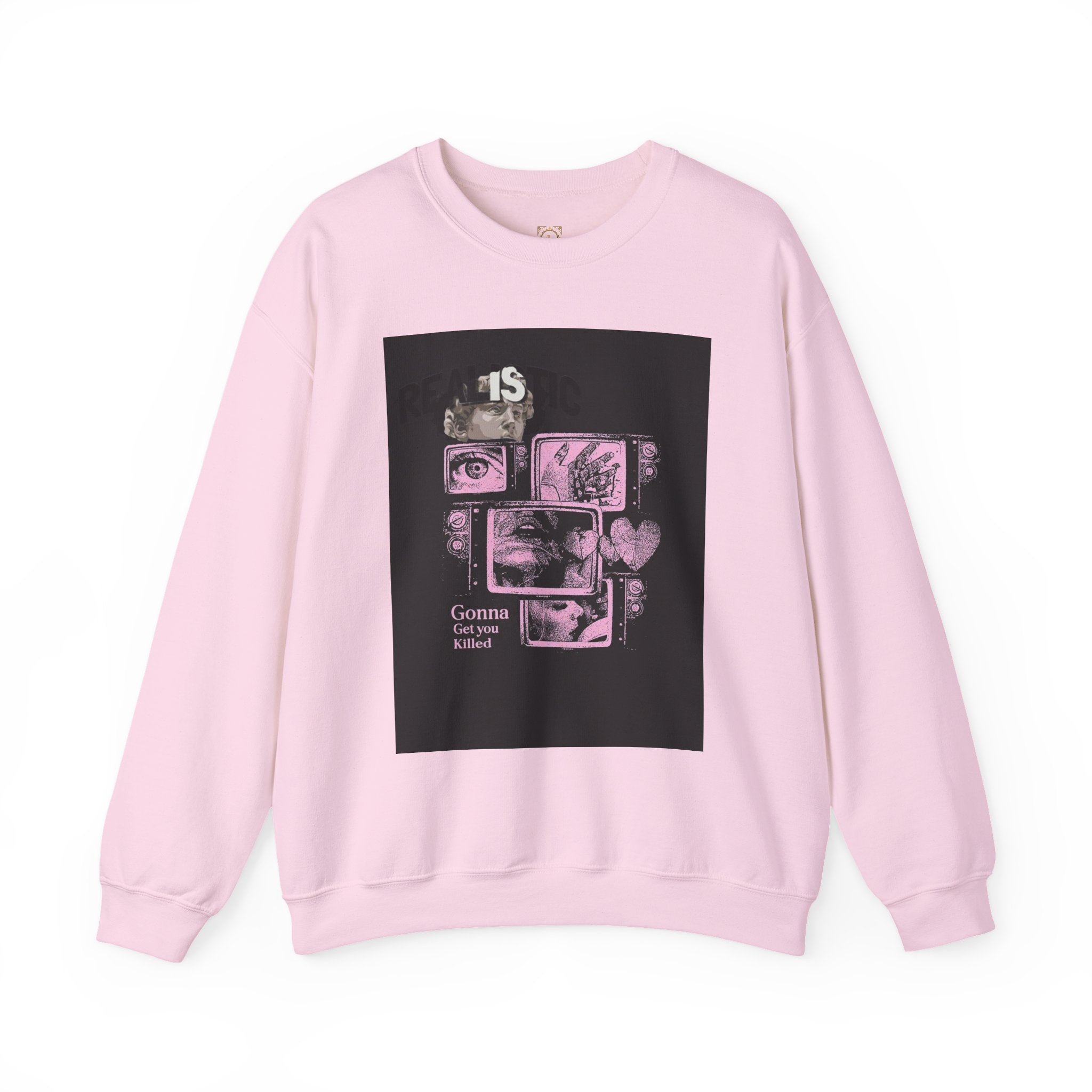 Crewneck Sweatshirt — Pink Collage Eyes Graphic “Gonna Get You, Kiddo”