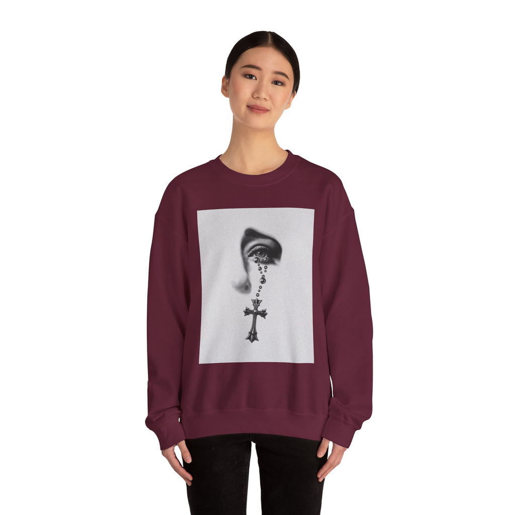 Rosary Tear Crewneck Sweatshirt — Gothic Eye & Cross Graphic