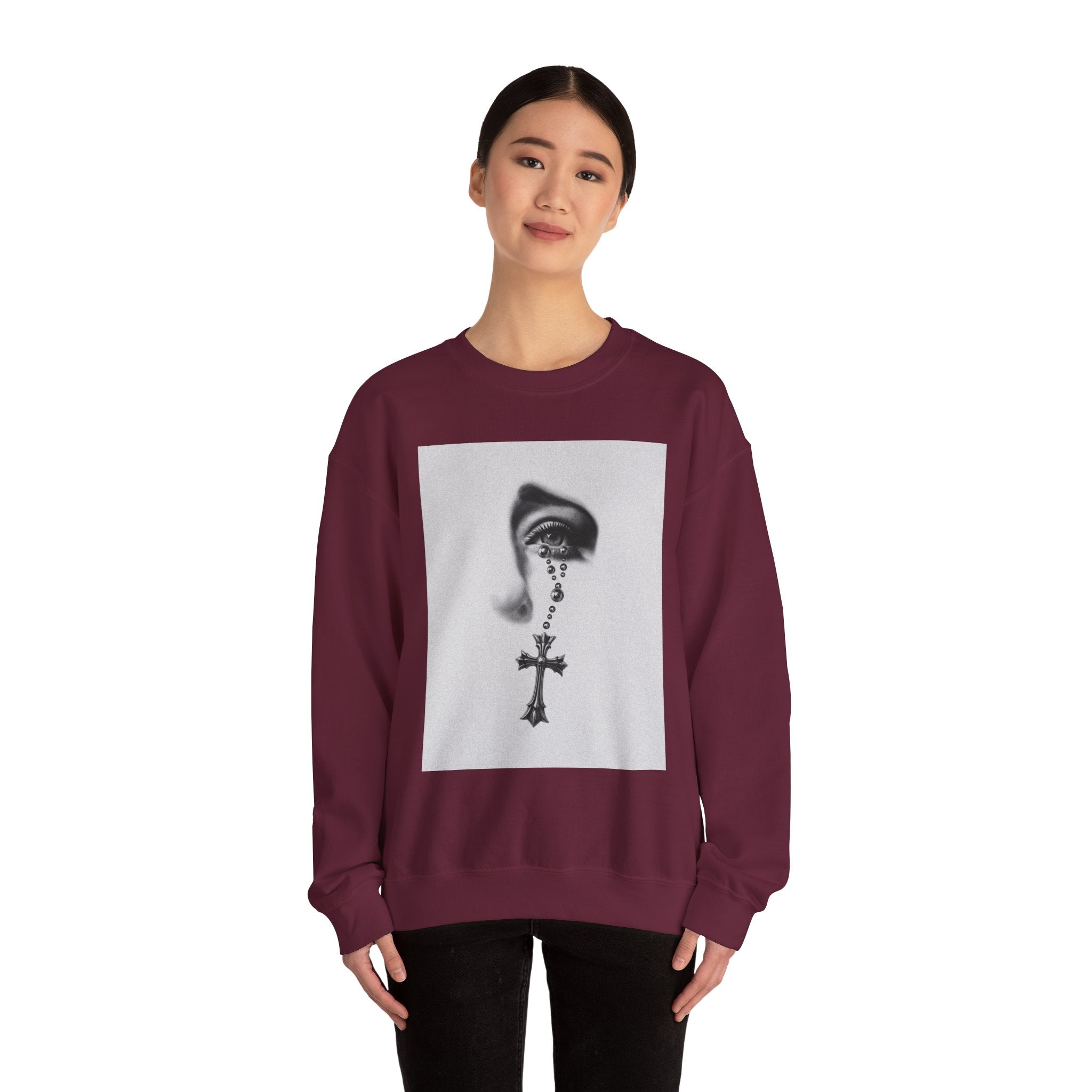 Rosary Tear Crewneck Sweatshirt — Gothic Eye & Cross Graphic
