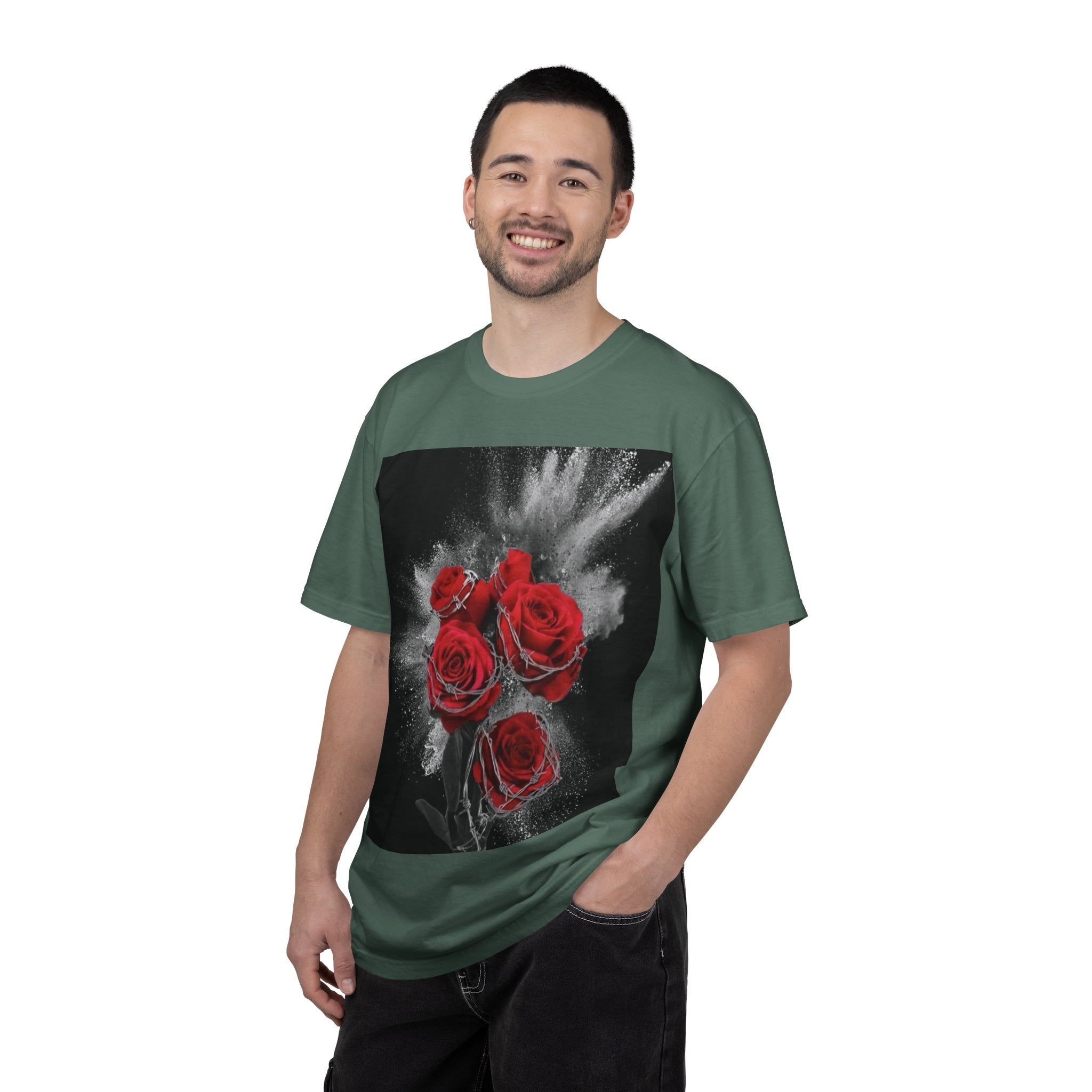 Rose Burst T-Shirt — Red Roses Graphic Tee with 'LEGACIESS' Back Logo