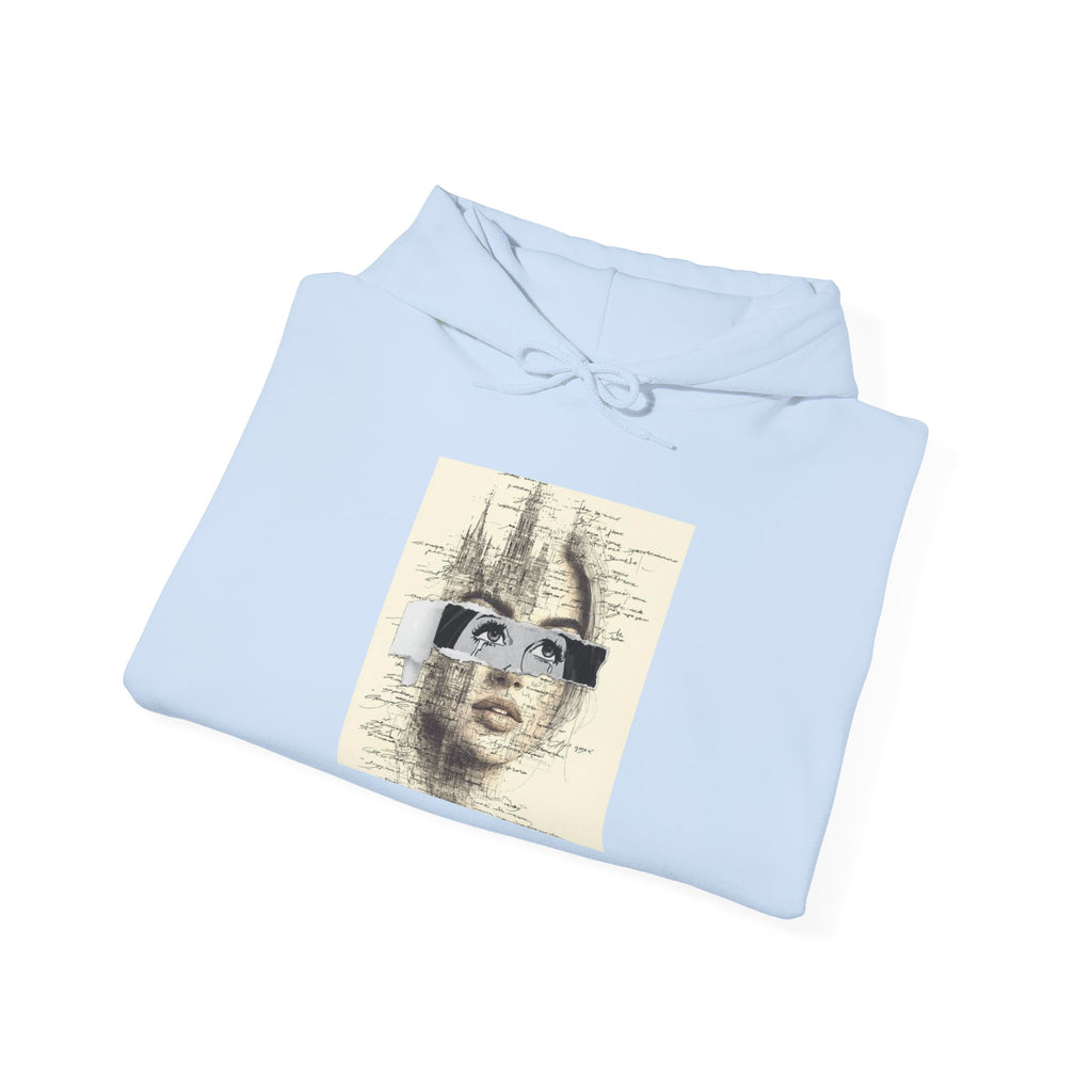 Artistic Face Collage Hoodie — Vintage Script Portrait Sweatshirt