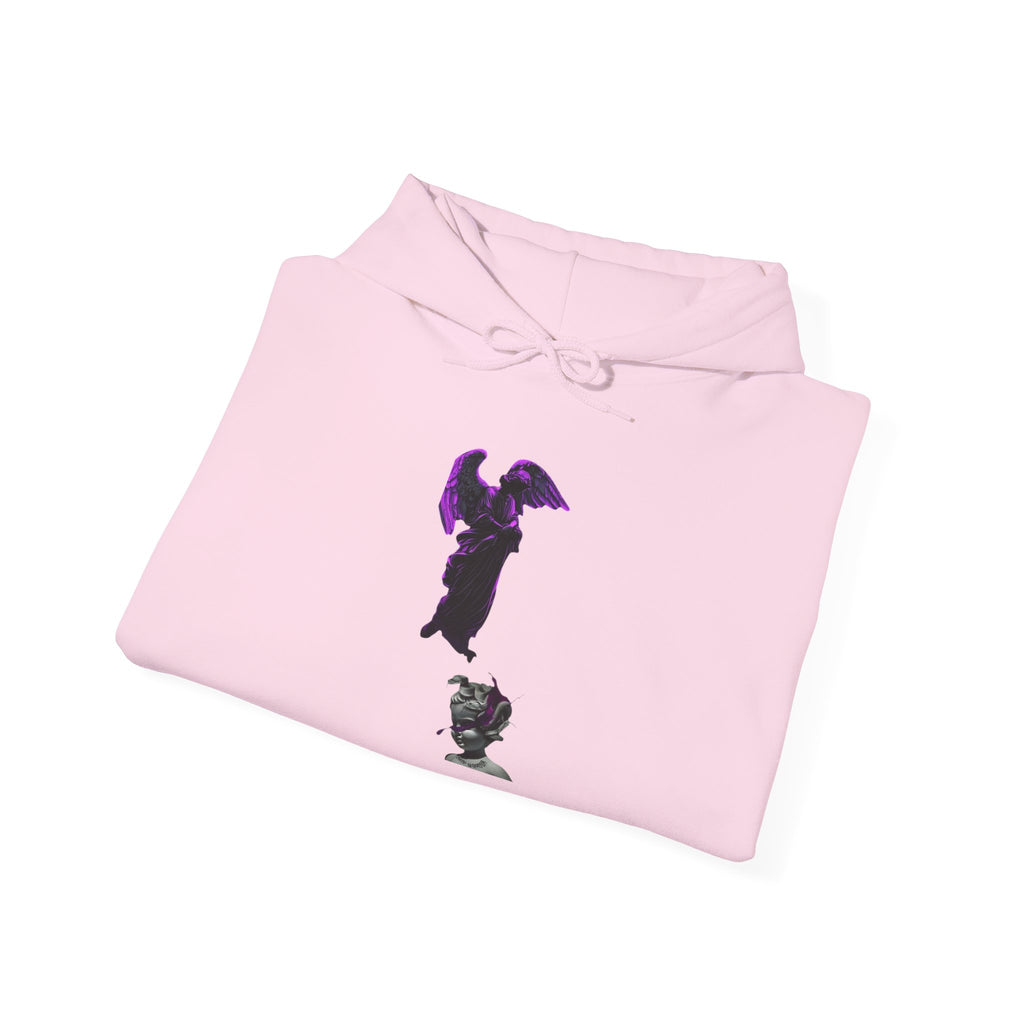Angel Statue Hoodie — Gothic Purple Accent Sculptural Graphic Hoodie