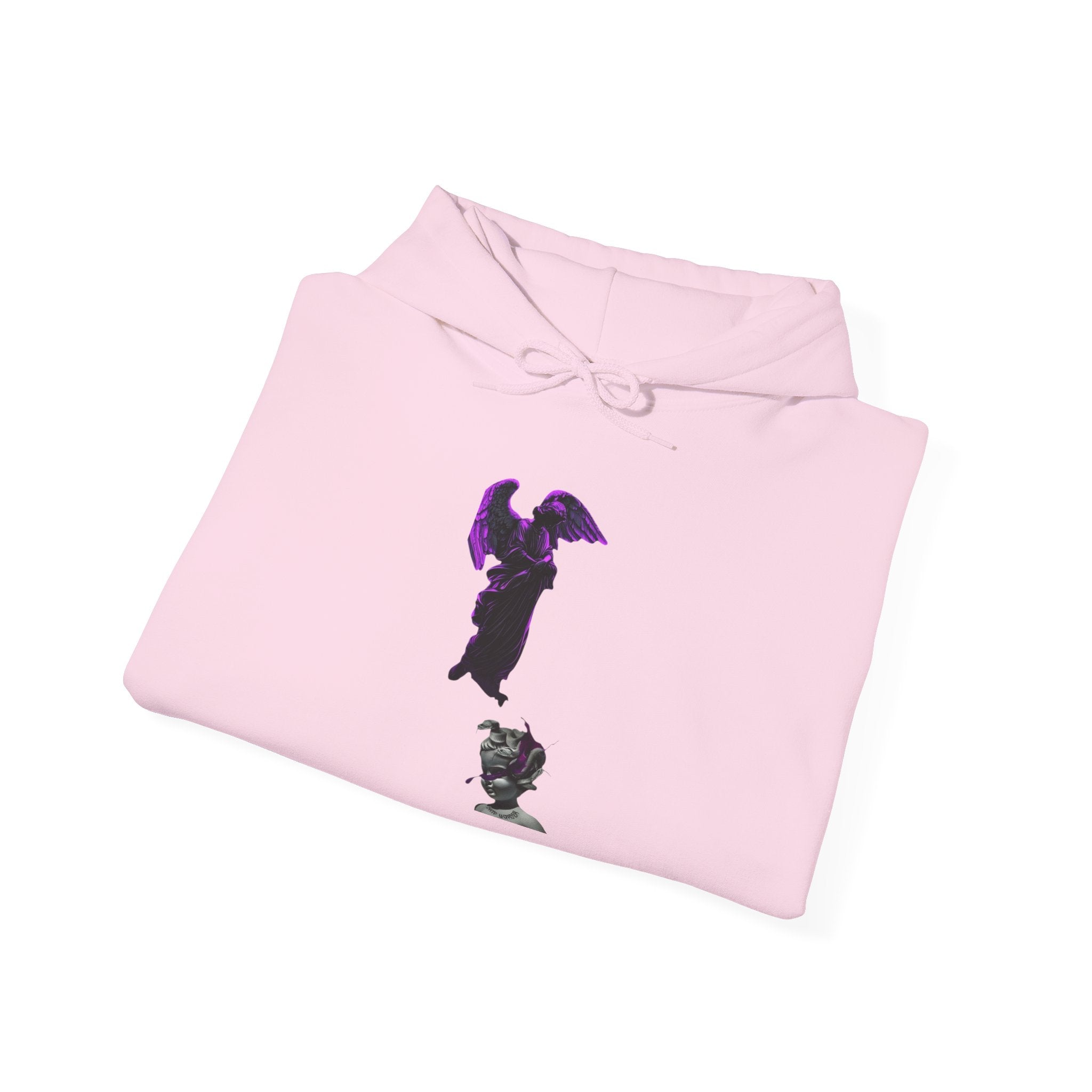 Angel Statue Hoodie — Gothic Purple Accent Sculptural Graphic Hoodie