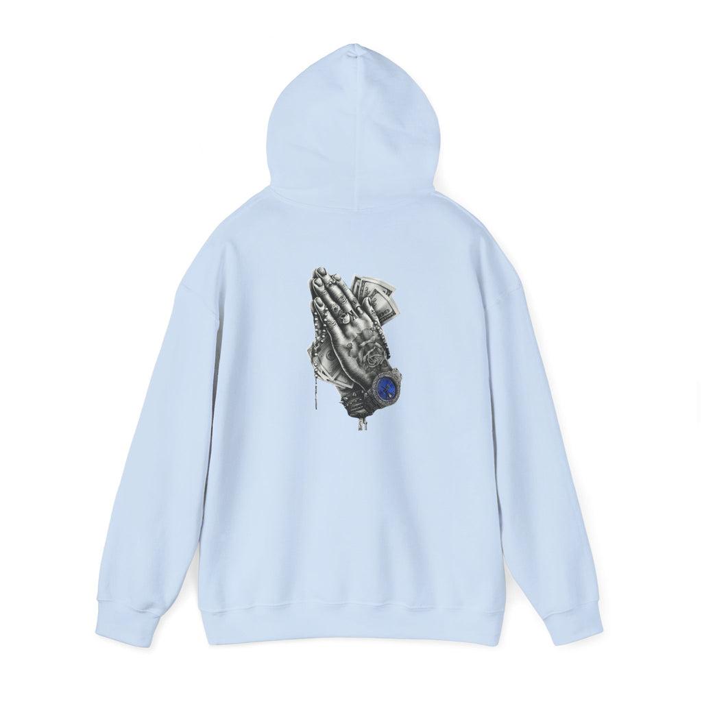 Hoodie — Praying Hands Graphic Hoodie with Blue Rose Accent