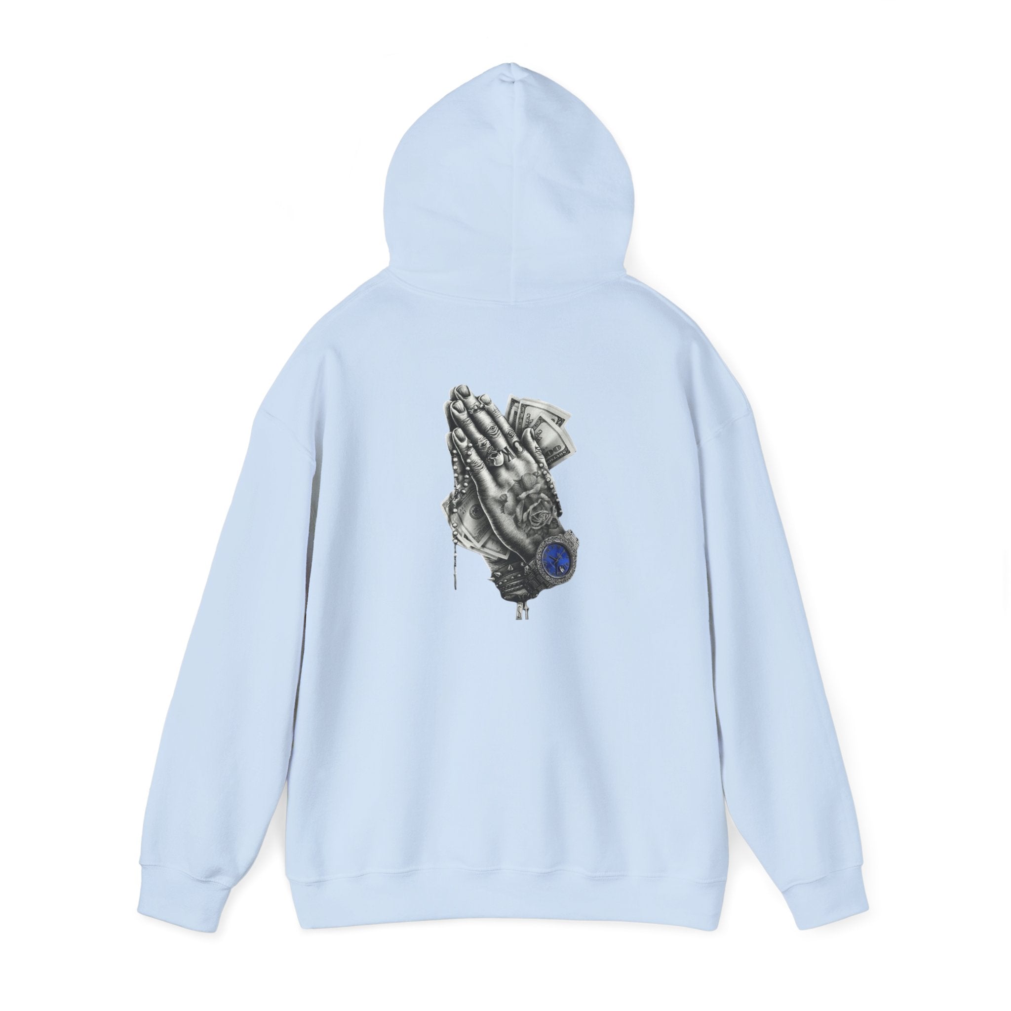 Hoodie — Praying Hands Graphic Hoodie with Blue Rose Accent