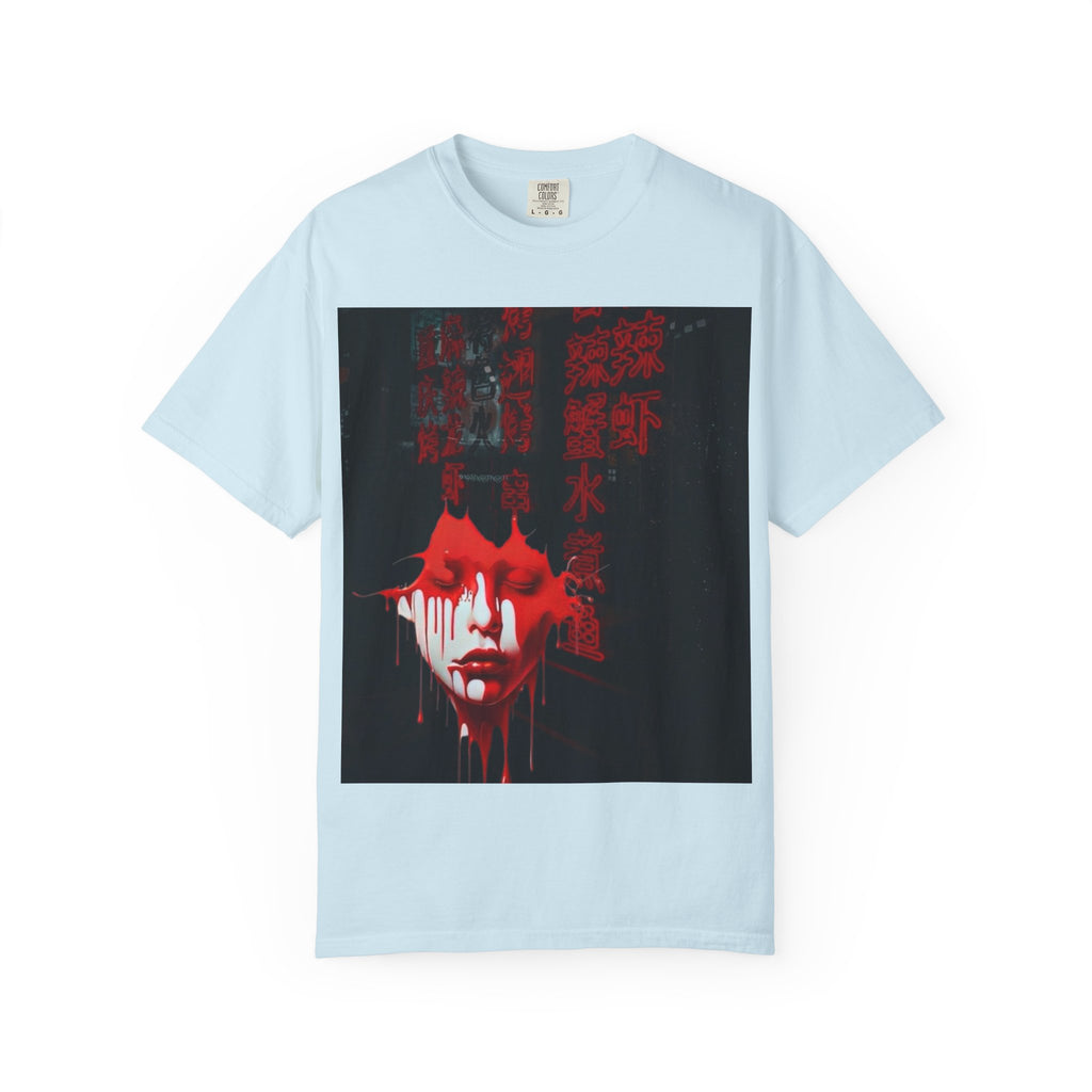 Horror Portrait Tee — Dripping Red Face with Japanese Script Graphic