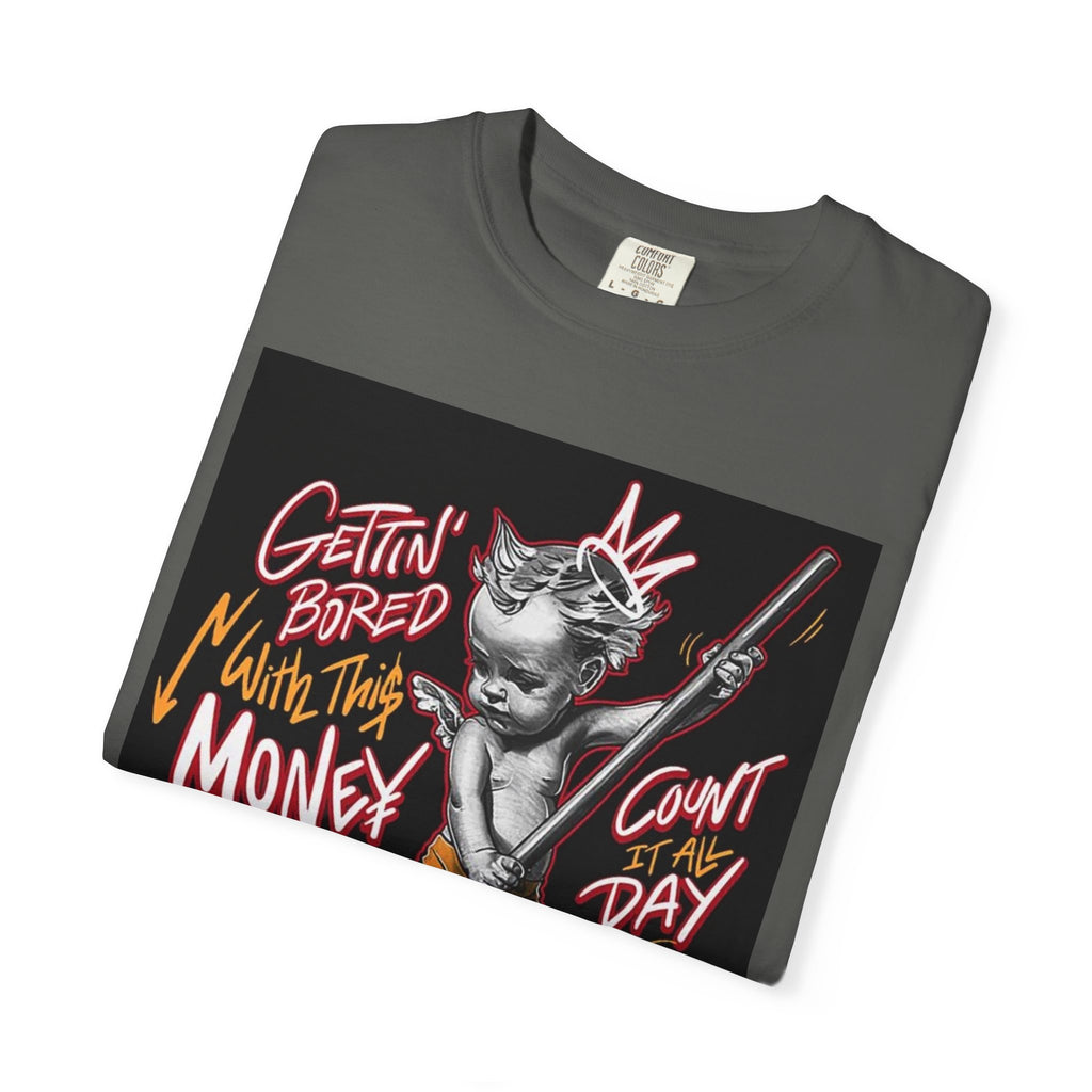 Cat Broomstick Money Tee — "Gettin' Bored With This Money" Graphic T-Shirt