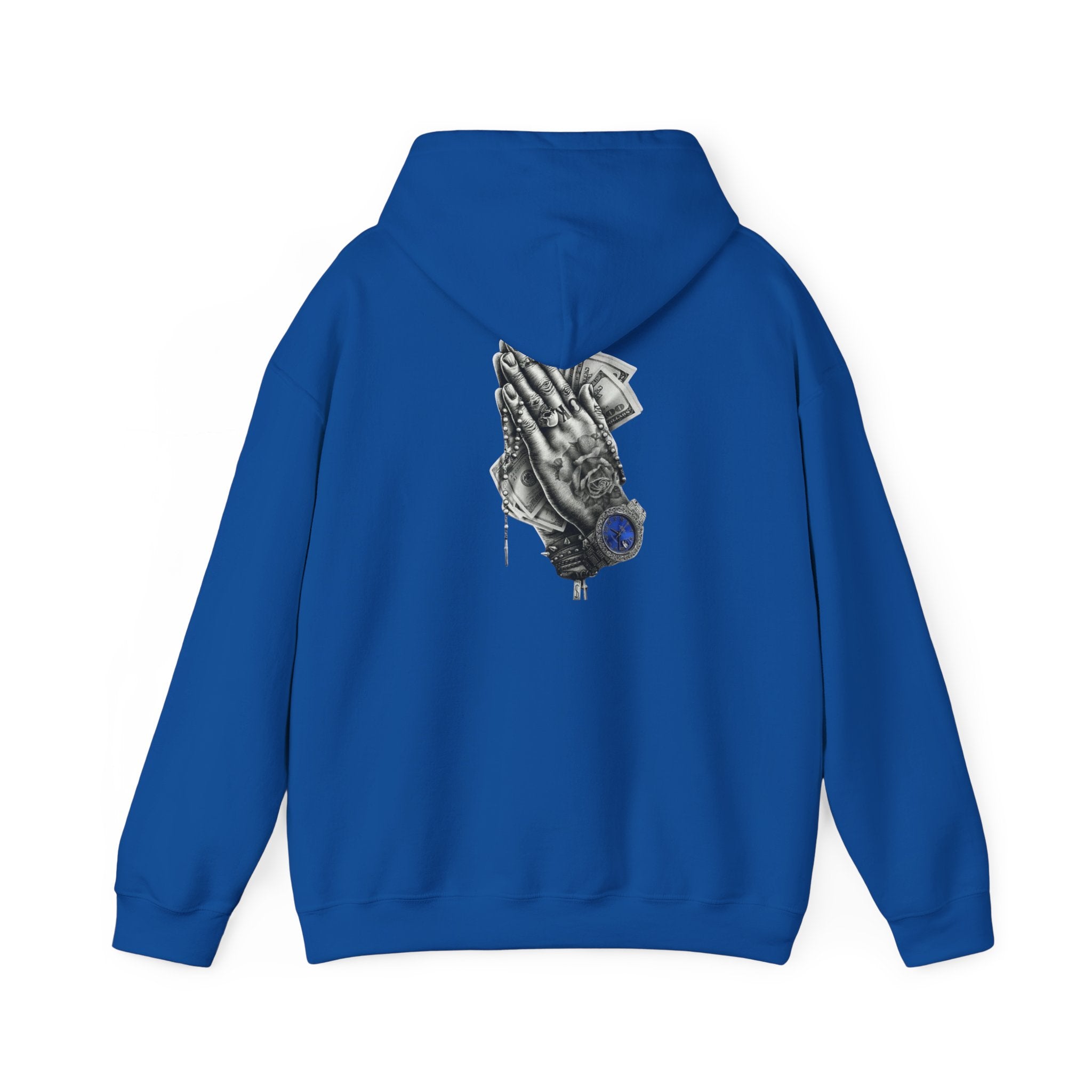 Hoodie — Praying Hands Graphic Hoodie with Blue Rose Accent