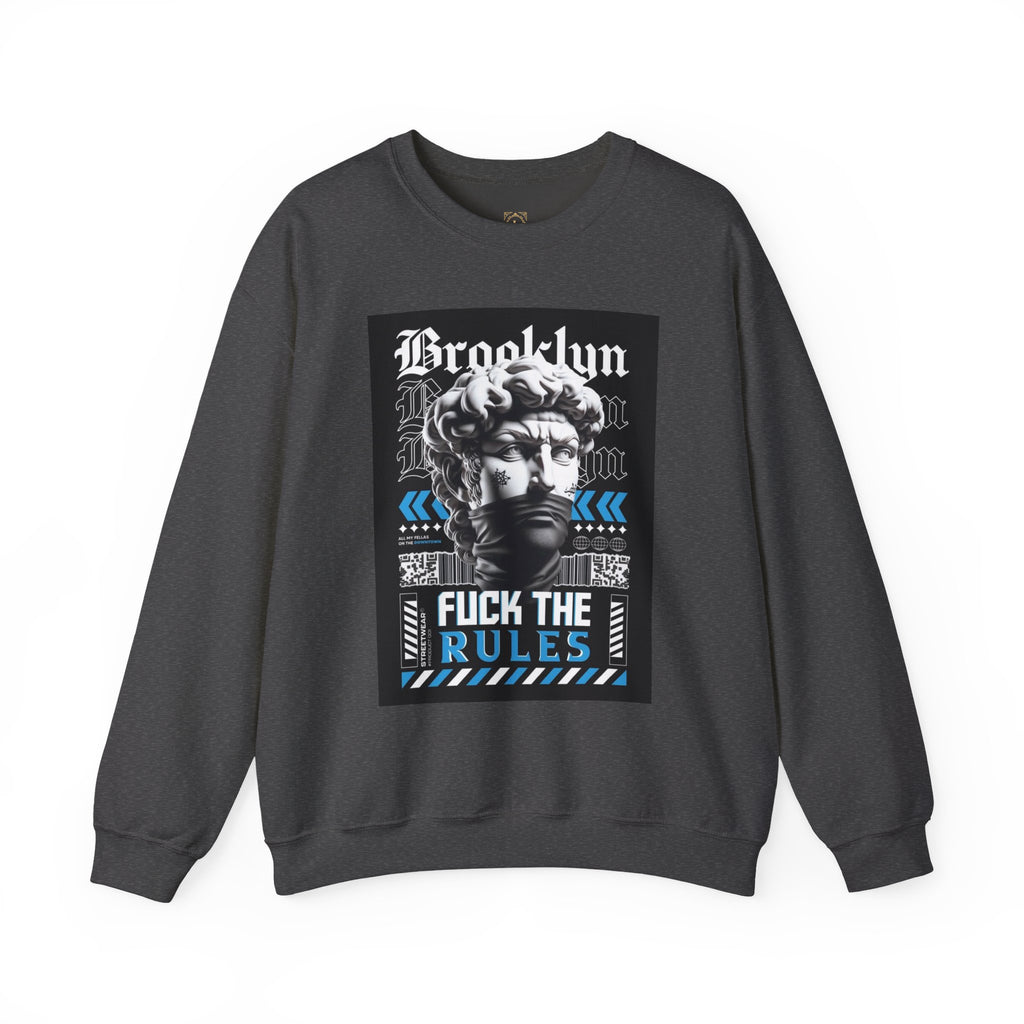 Crewneck Sweatshirt — 'Brooklyn' Statue Graphic with “Fuck the Rules” Streetwear Slogan