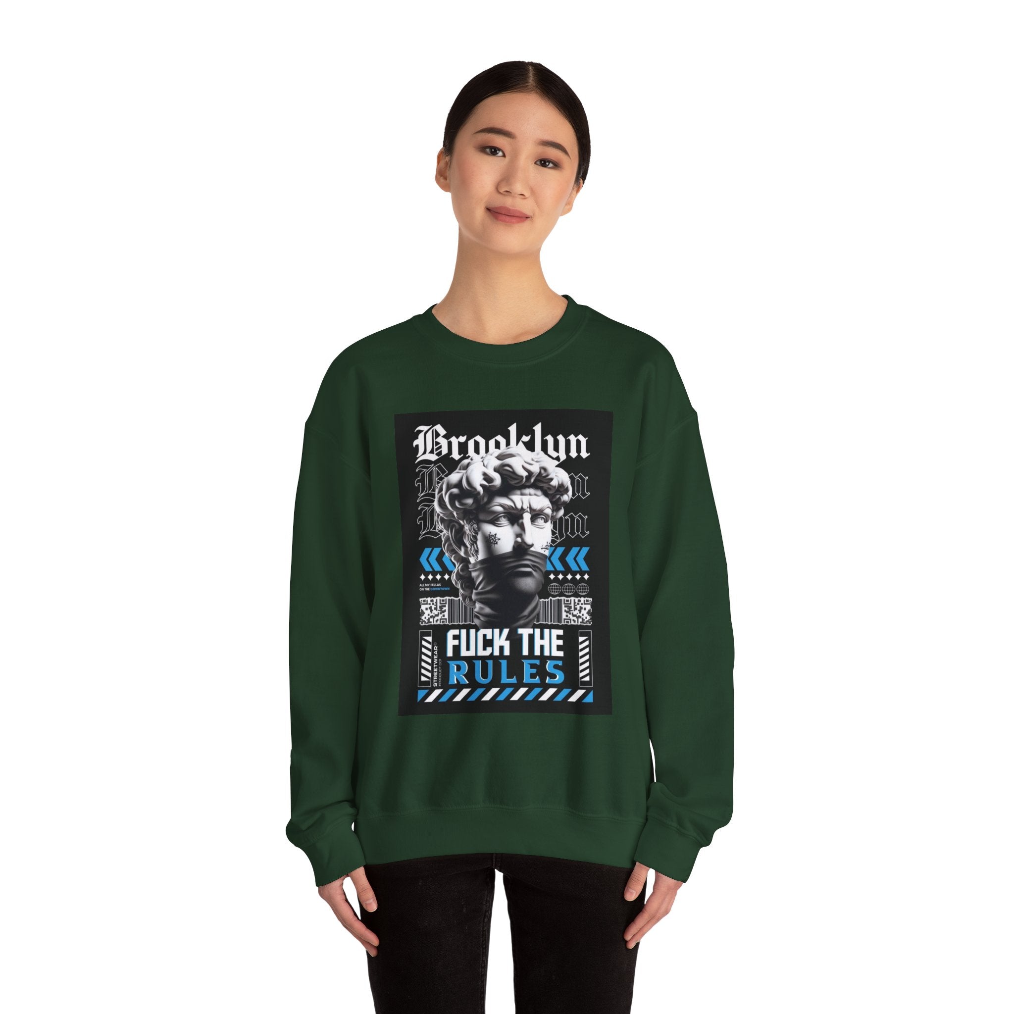 Crewneck Sweatshirt — 'Brooklyn' Statue Graphic with “Fuck the Rules” Streetwear Slogan