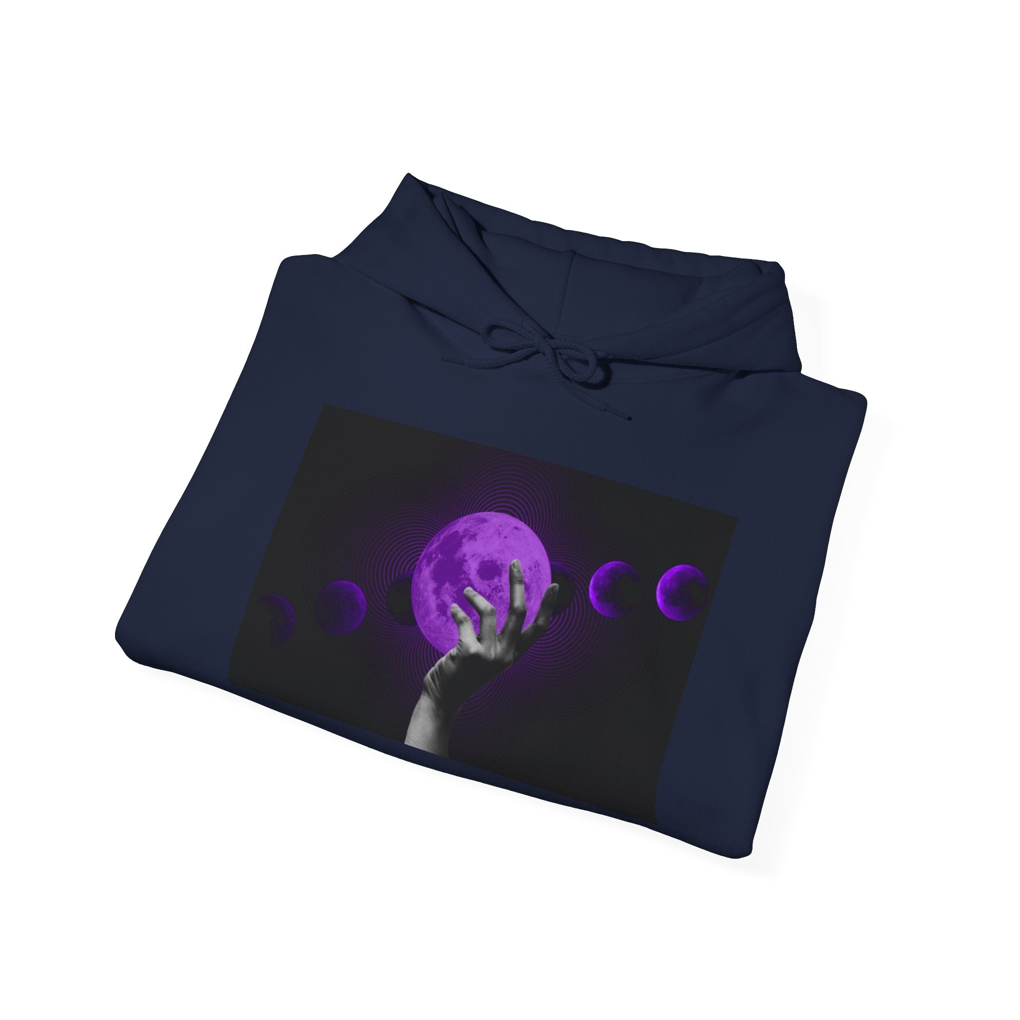 Moon Phases Hoodie — Purple Lunar Hand Graphic Pullover