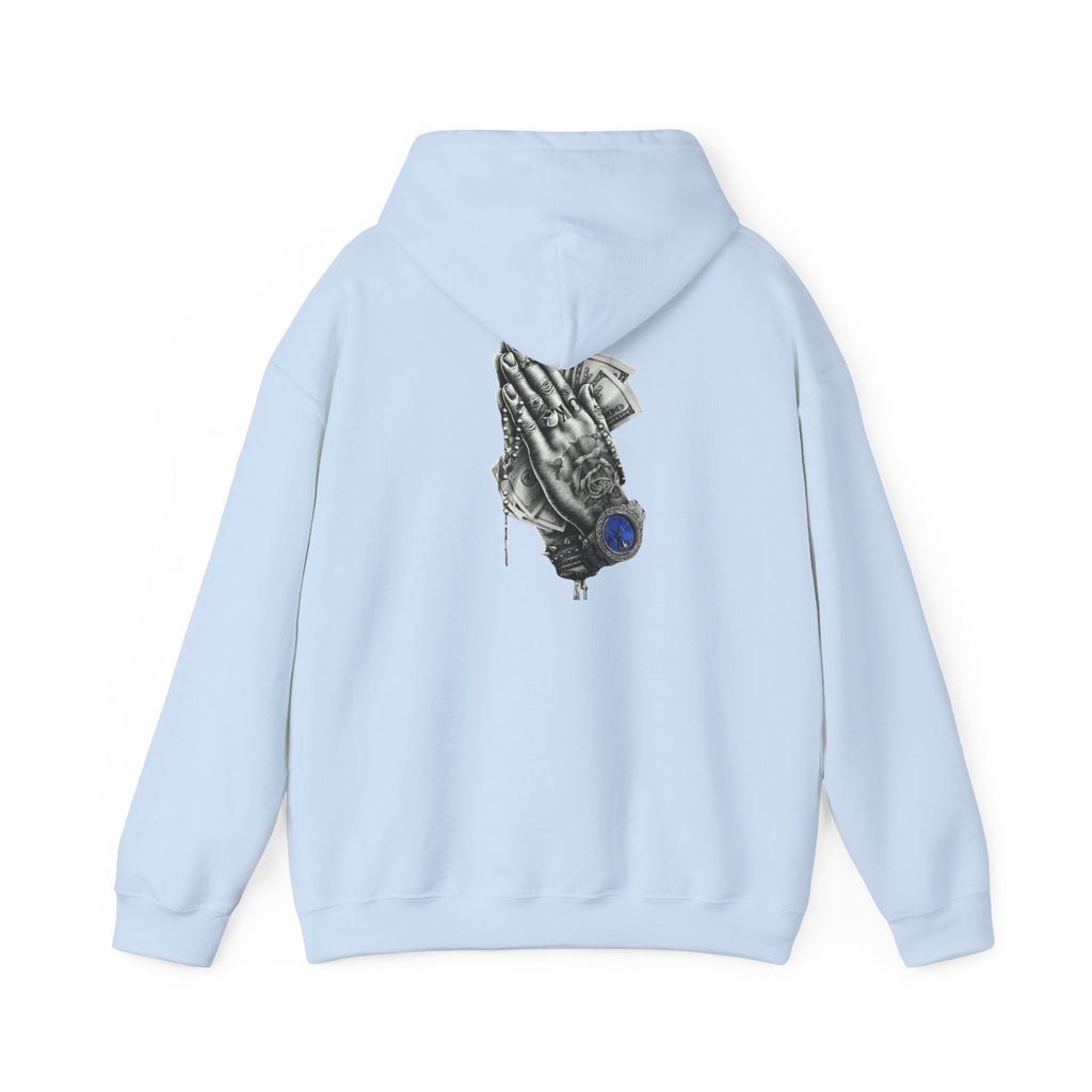 Hoodie — Praying Hands Graphic Hoodie with Blue Rose Accent